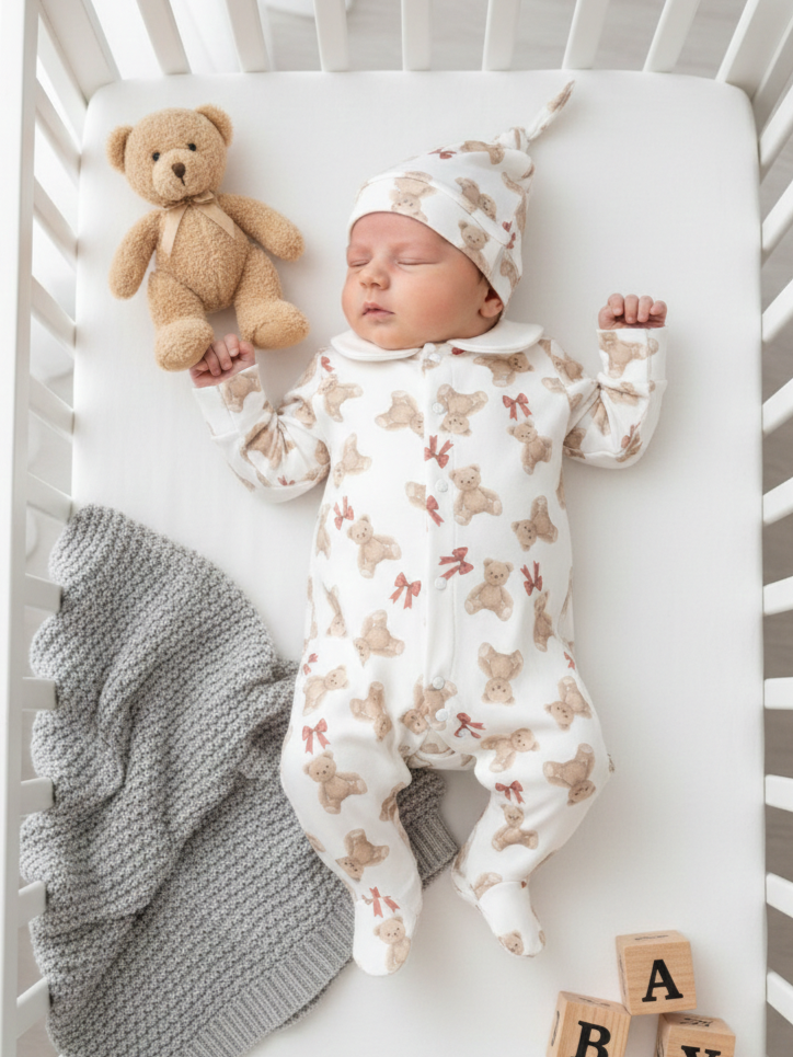 Teddy Figürlü Polo Yaka Penye Bebek Tulum Seti