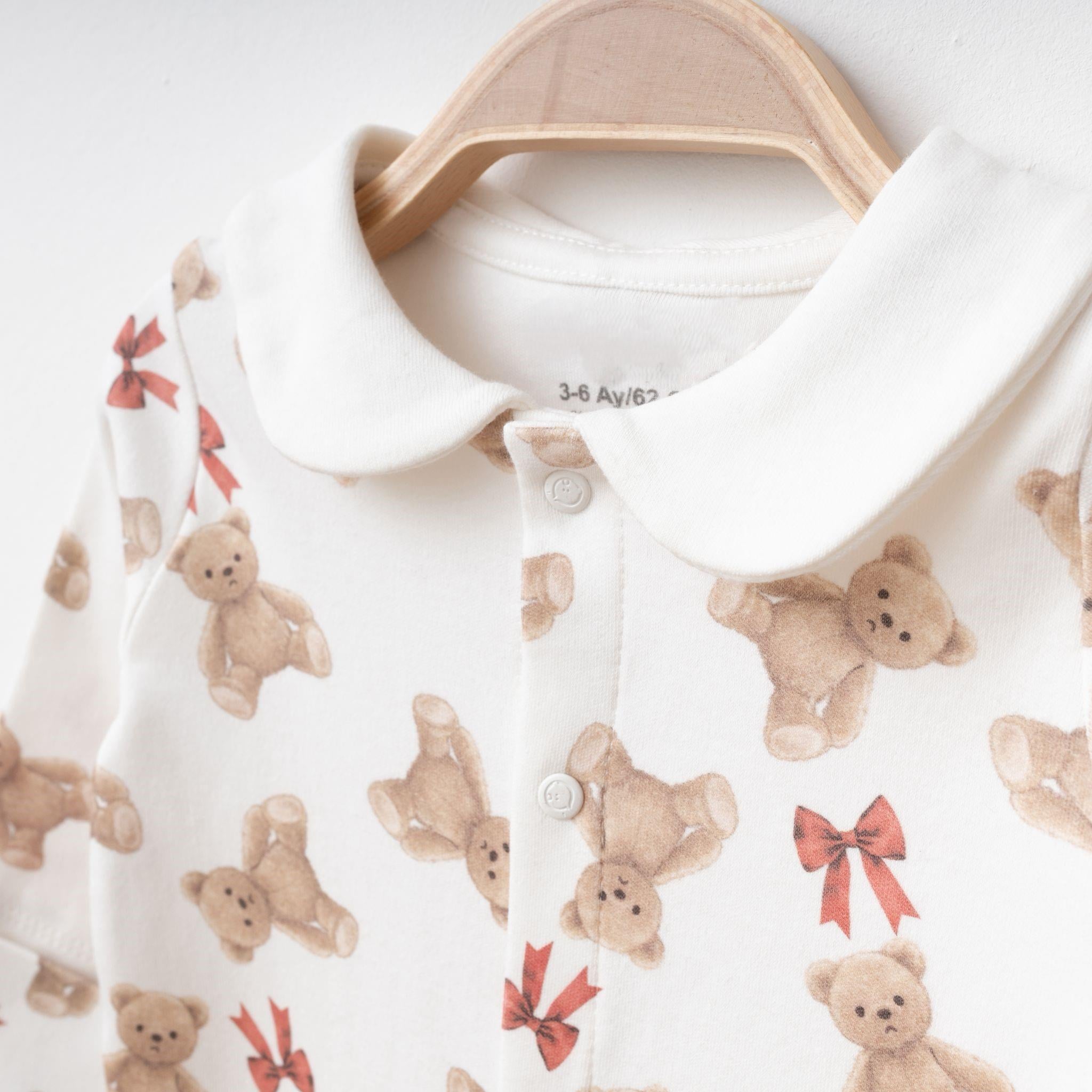 Teddy Figürlü Polo Yaka Penye Bebek Tulum Seti