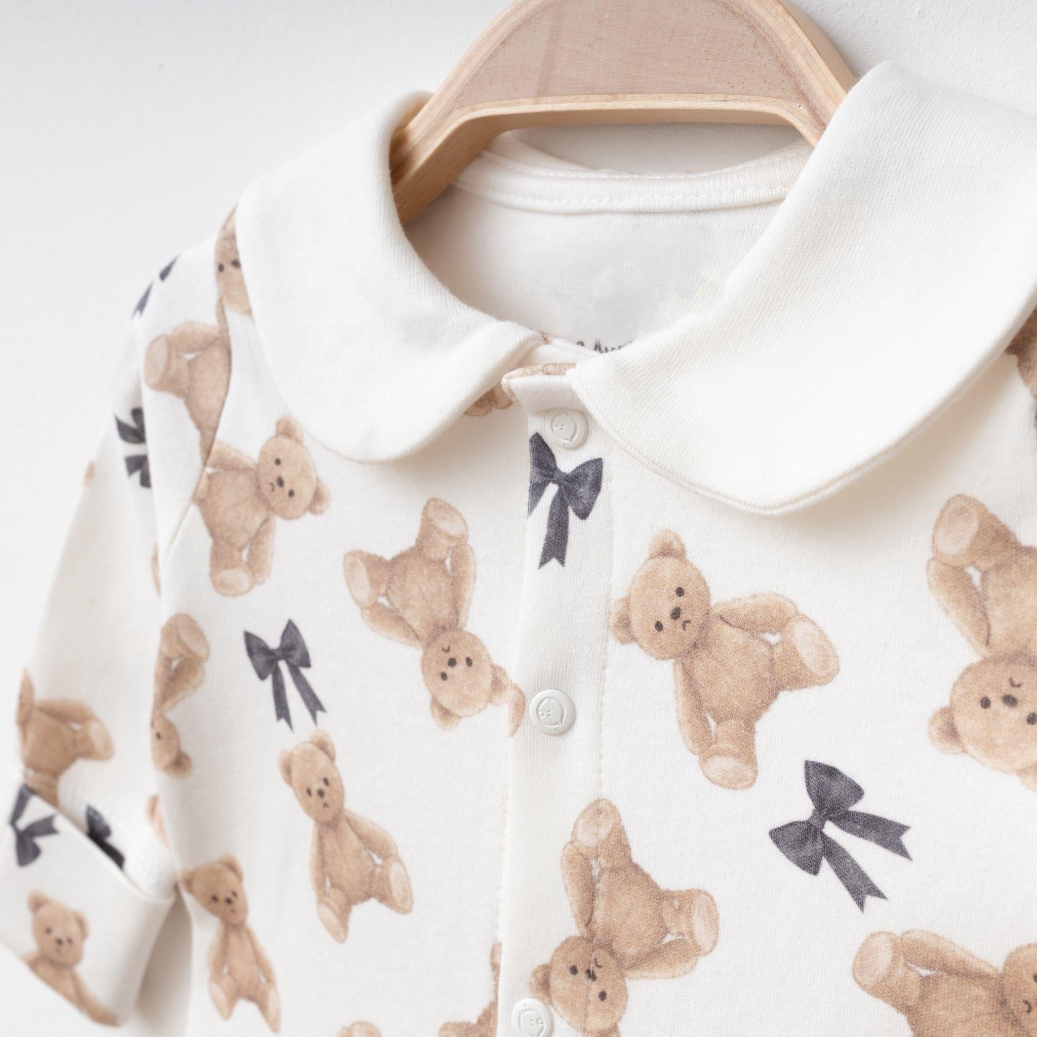 Teddy Figürlü Polo Yaka Penye Bebek Tulum Seti