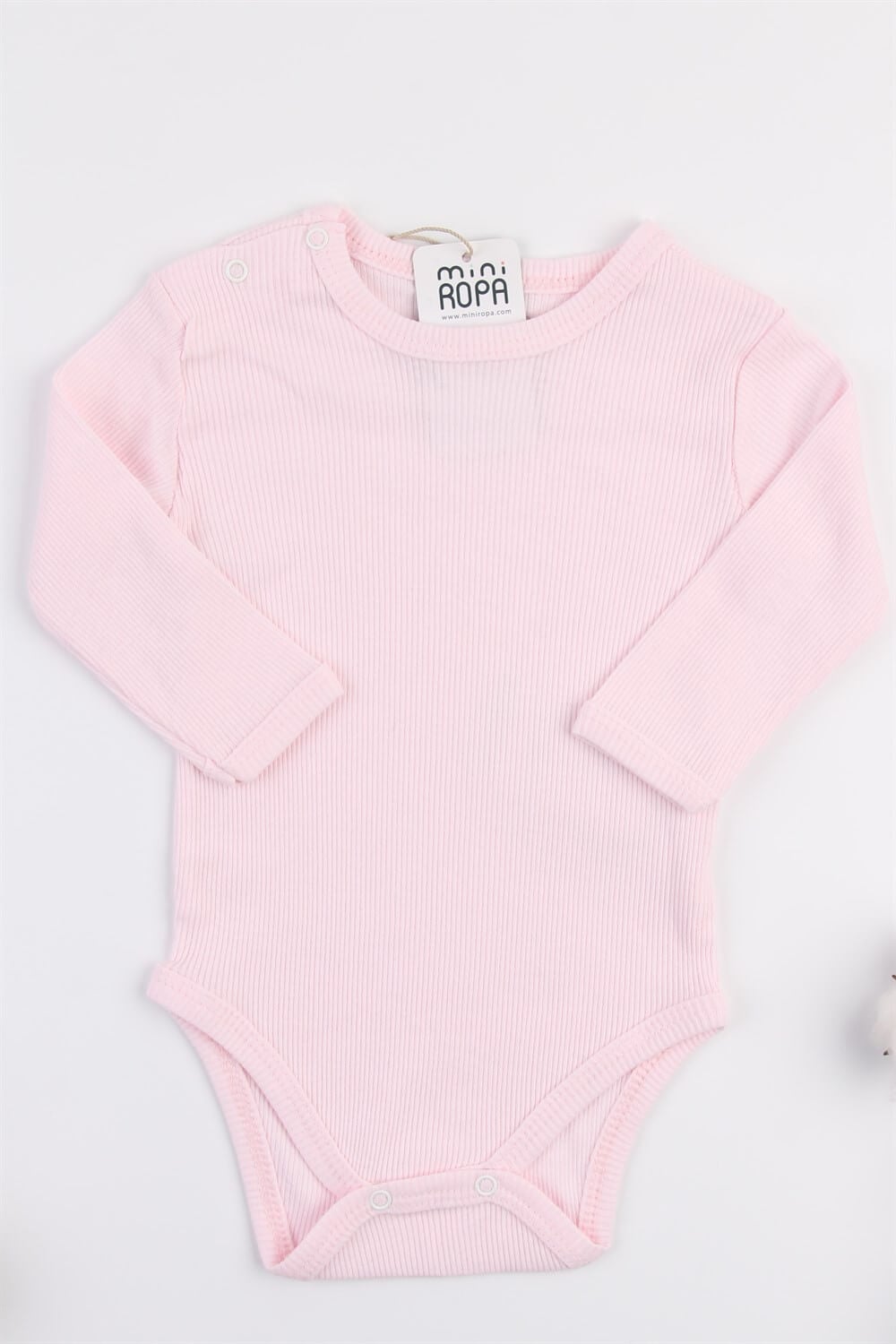 Uzun Kollu Pembe Çıtçıtlı Fitilli Kaşkorse Bebek Body