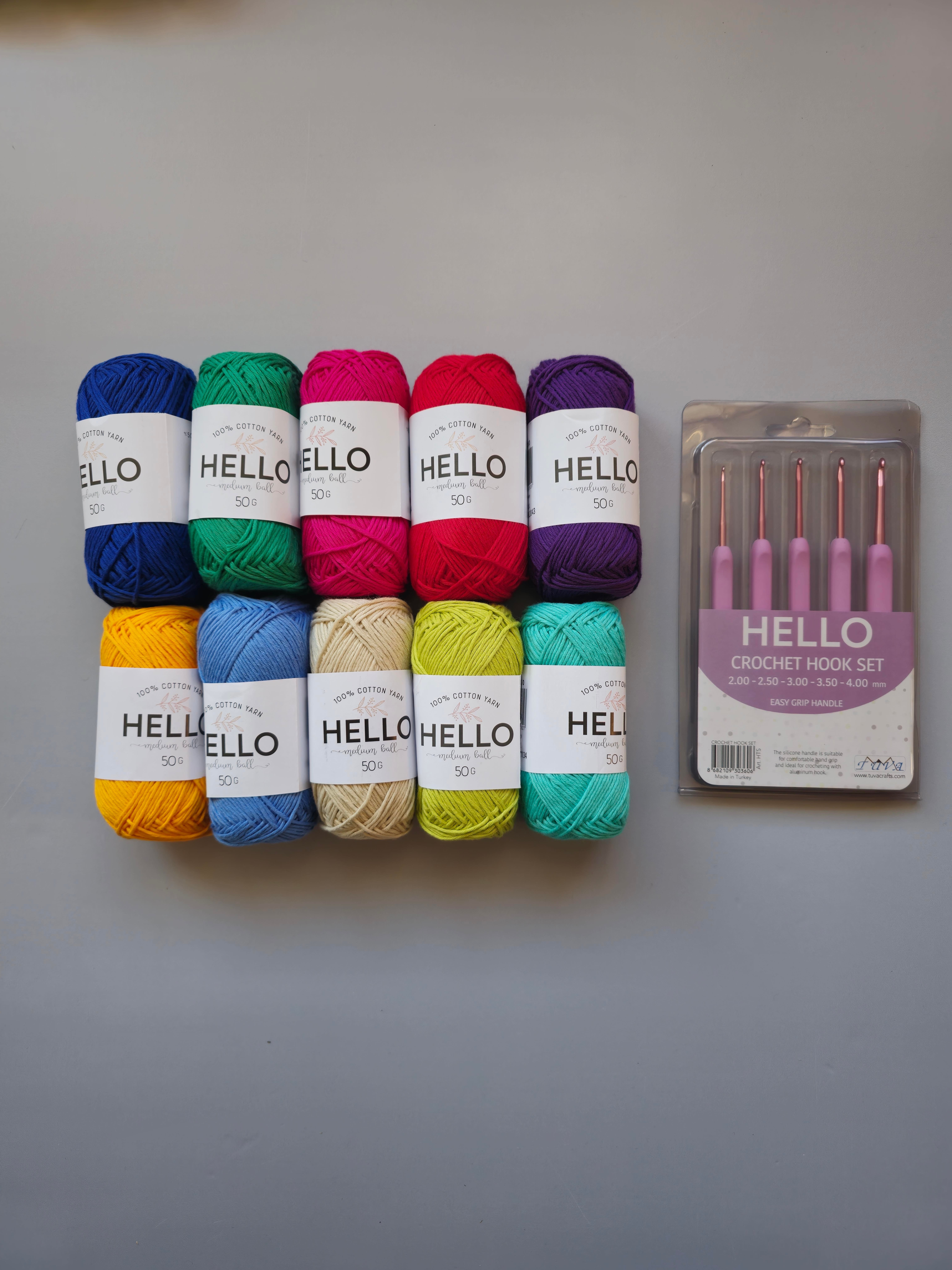 10 Adet Canlı Renkler 50 Gram Hello Koton İplik + Hello Tığ Seti