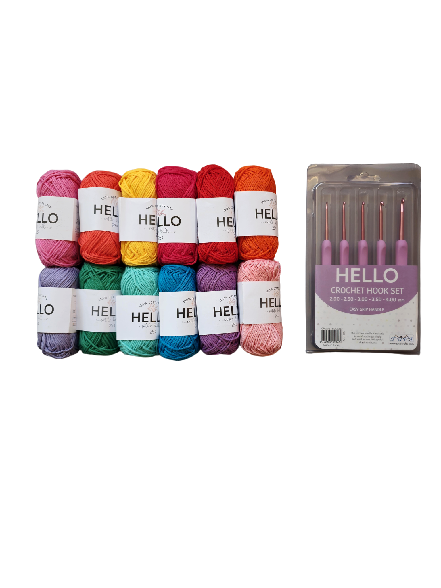 10 Adet Pastel Renkler 25 Gram Hello Koton İplik + Hello Tığ Seti