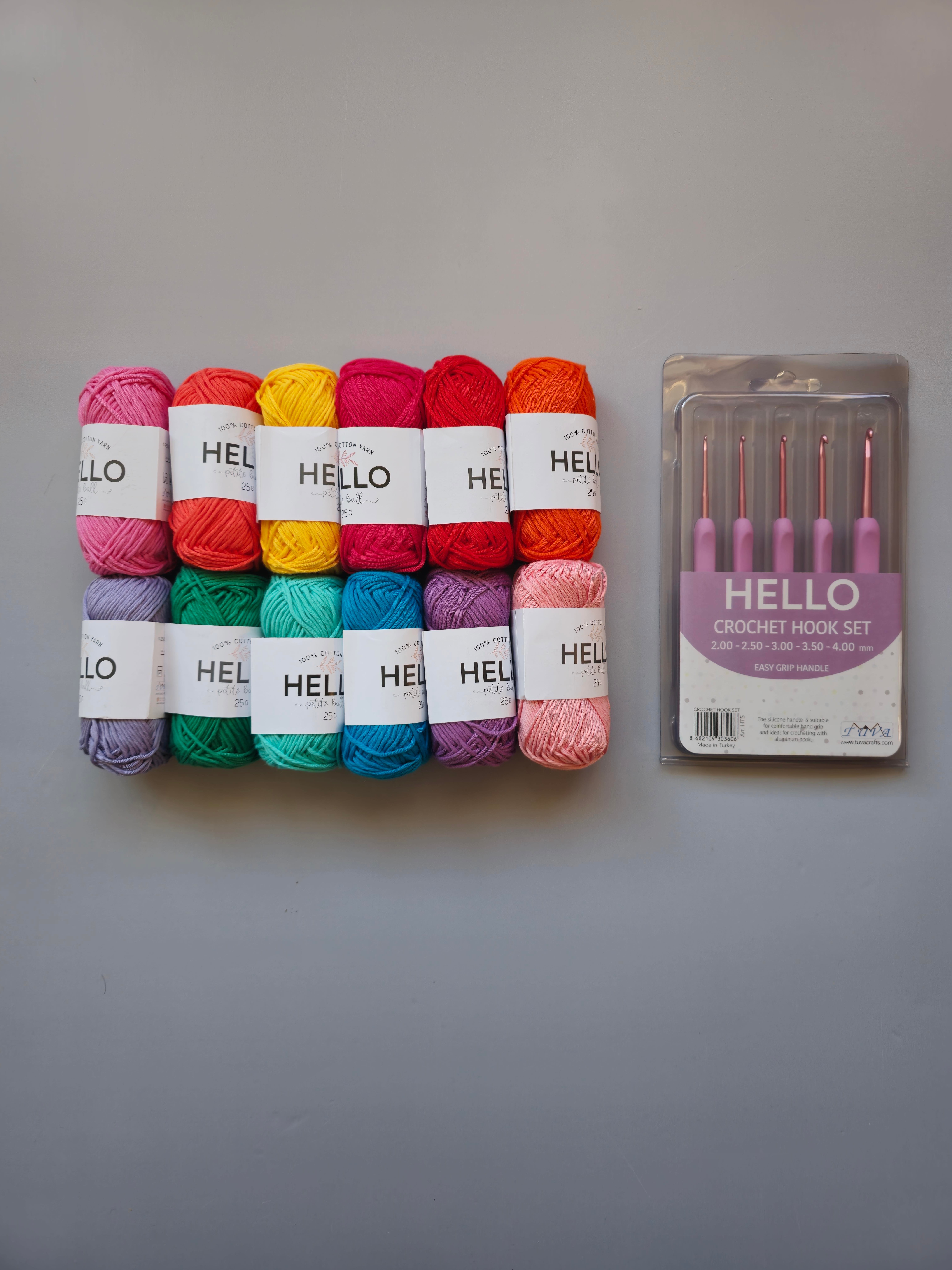 10 Adet Pastel Renkler 25 Gram Hello Koton İplik + Hello Tığ Seti
