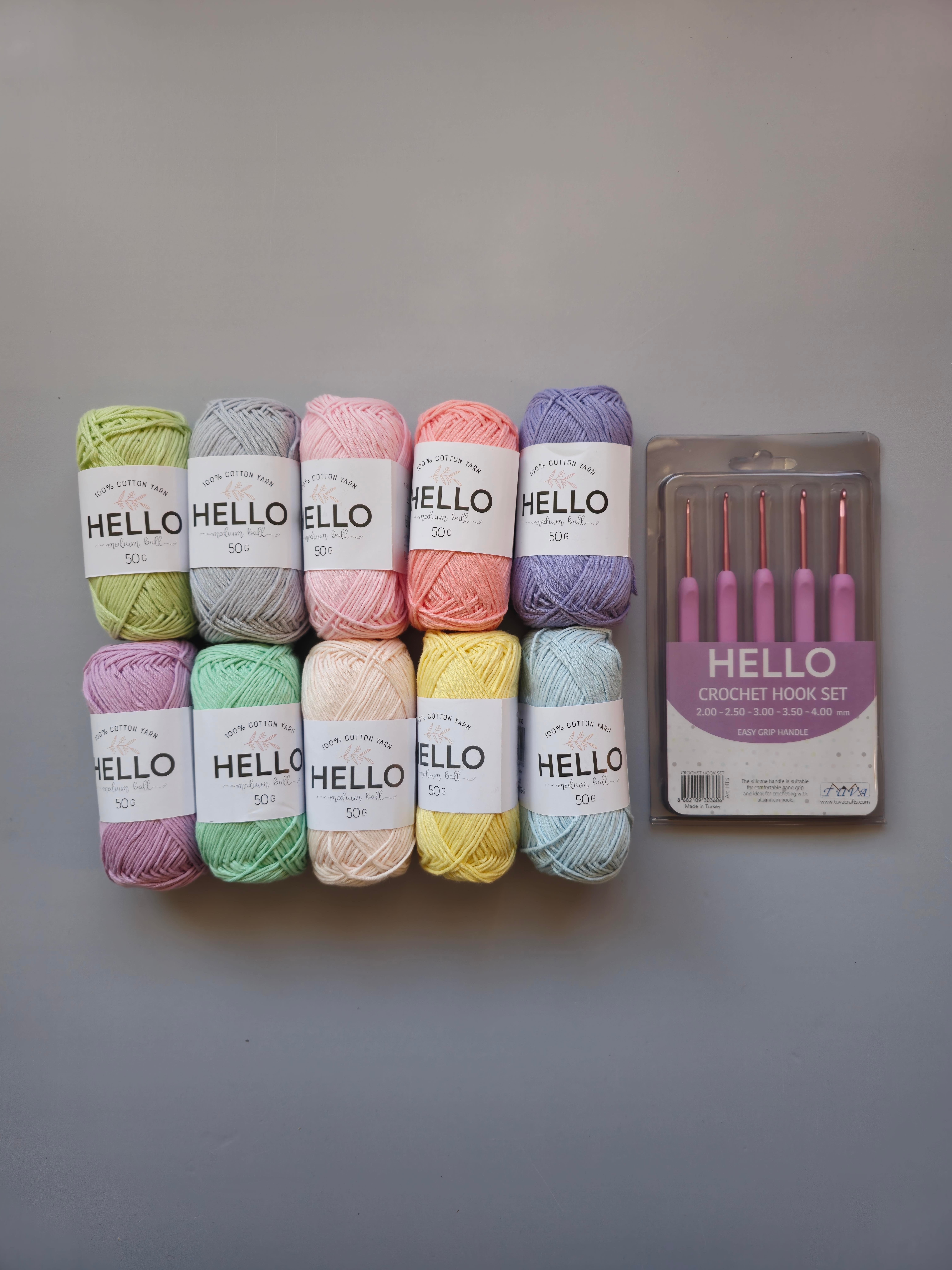 10 Adet Pastel Renkler 50 Gram Hello Koton İplik + Hello Tığ Seti