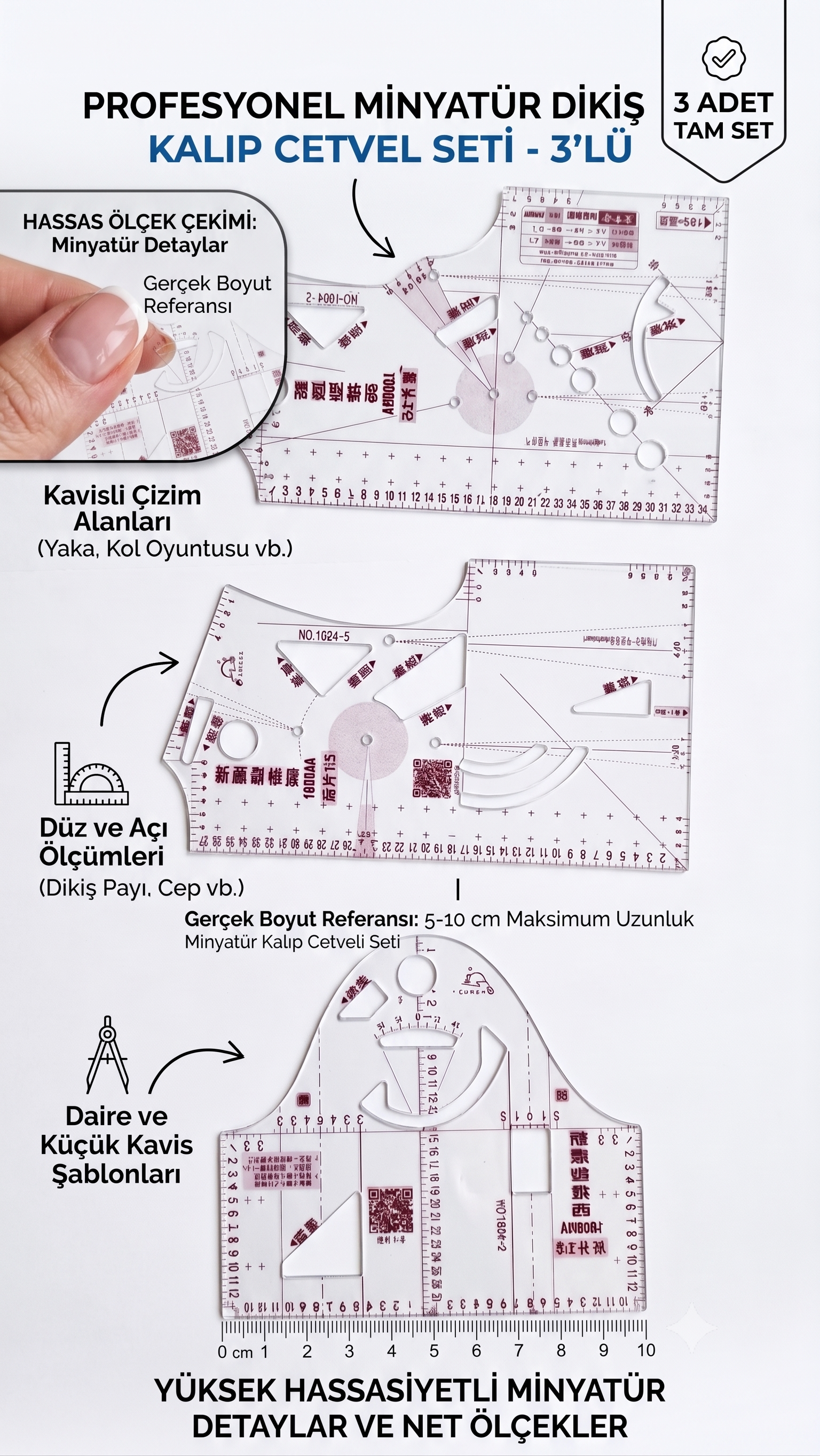 3'lü Şeffaf Minyatür Dikiş ve Kalıp Cetveli Seti - 1:5 Ölçekli Oyuntu ve Çizim Şablonu (Amigurumi, Oyuncak Bebek ve Hobi Uyumlu)