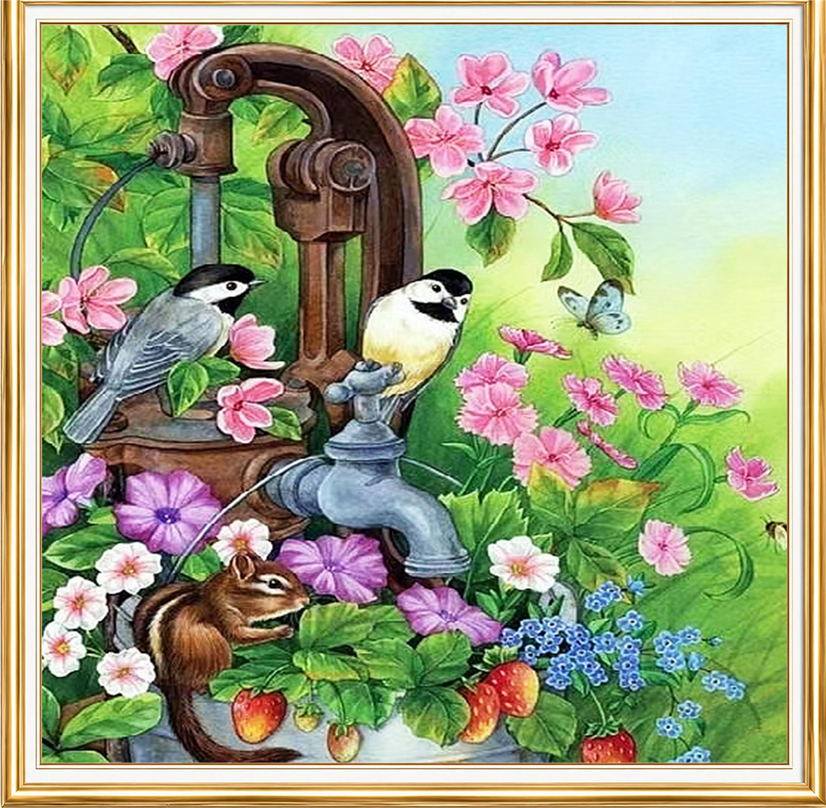 Çeşme Başında Kuşlar ve Sincap Elmas Mozaik Puzzle Kit 30x30 cm