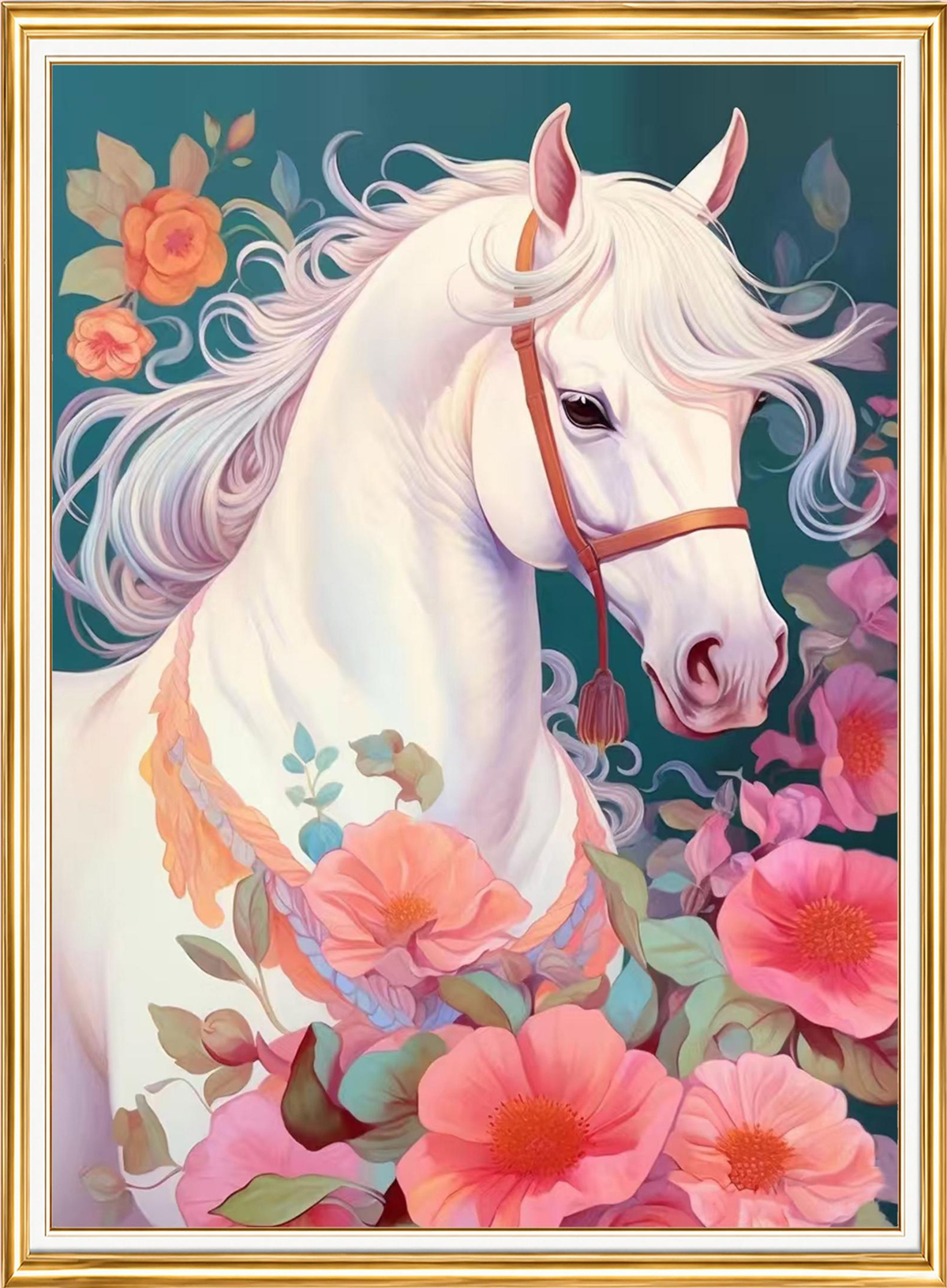 Çiçekler Arasında Beyaz At Elmas Mozaik Puzzle Kit 30x40 cm