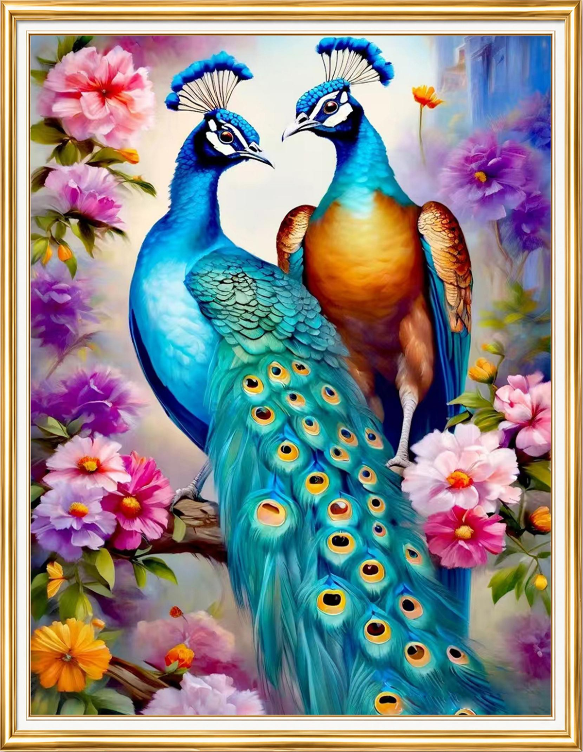 Çiçekler Arasında İki Tavus Kuşu Elmas Mozaik Puzzle Kit 40x50 cm