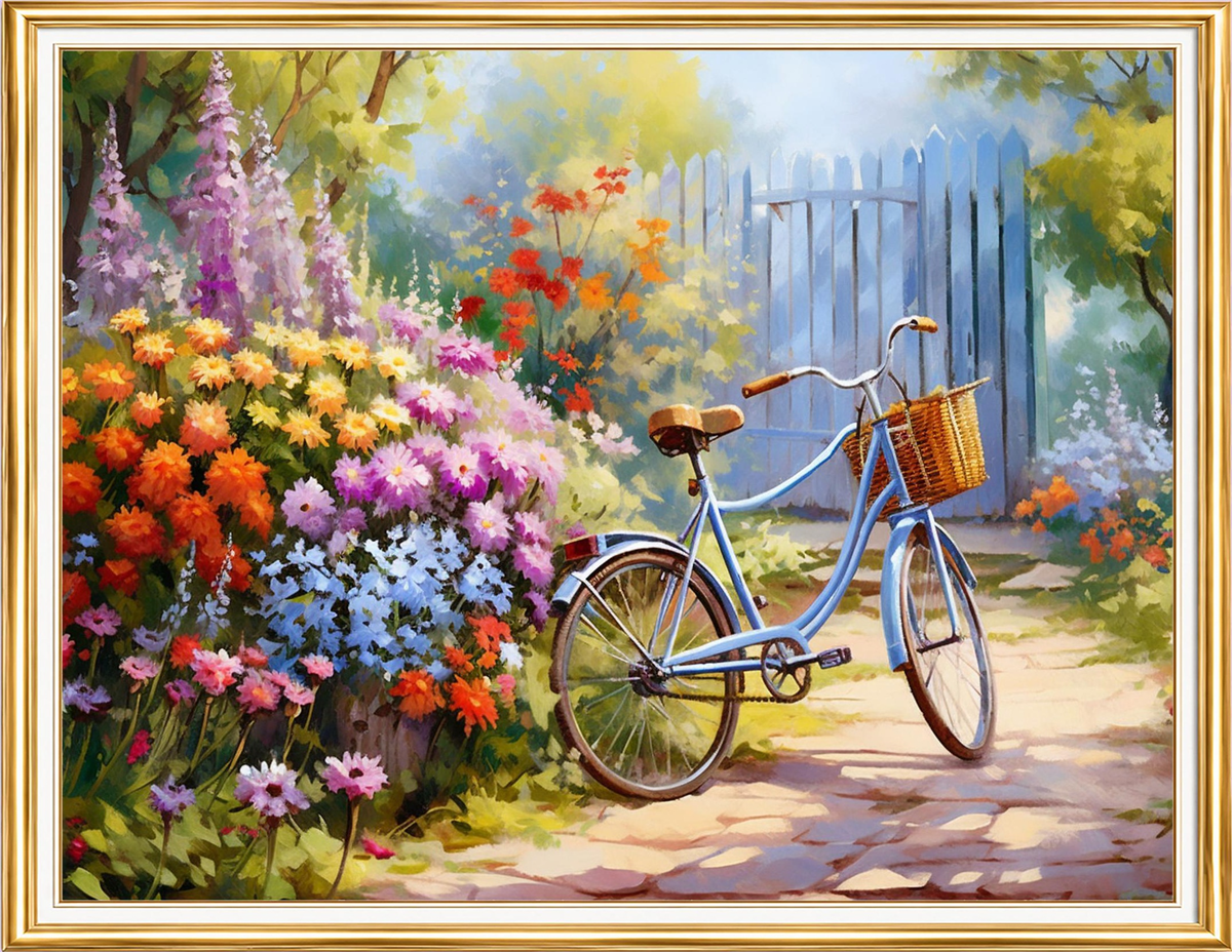 Çiçekli Bahçede Mavi Bisiklet Elmas Mozaik Puzzle Kit 40x50 cm