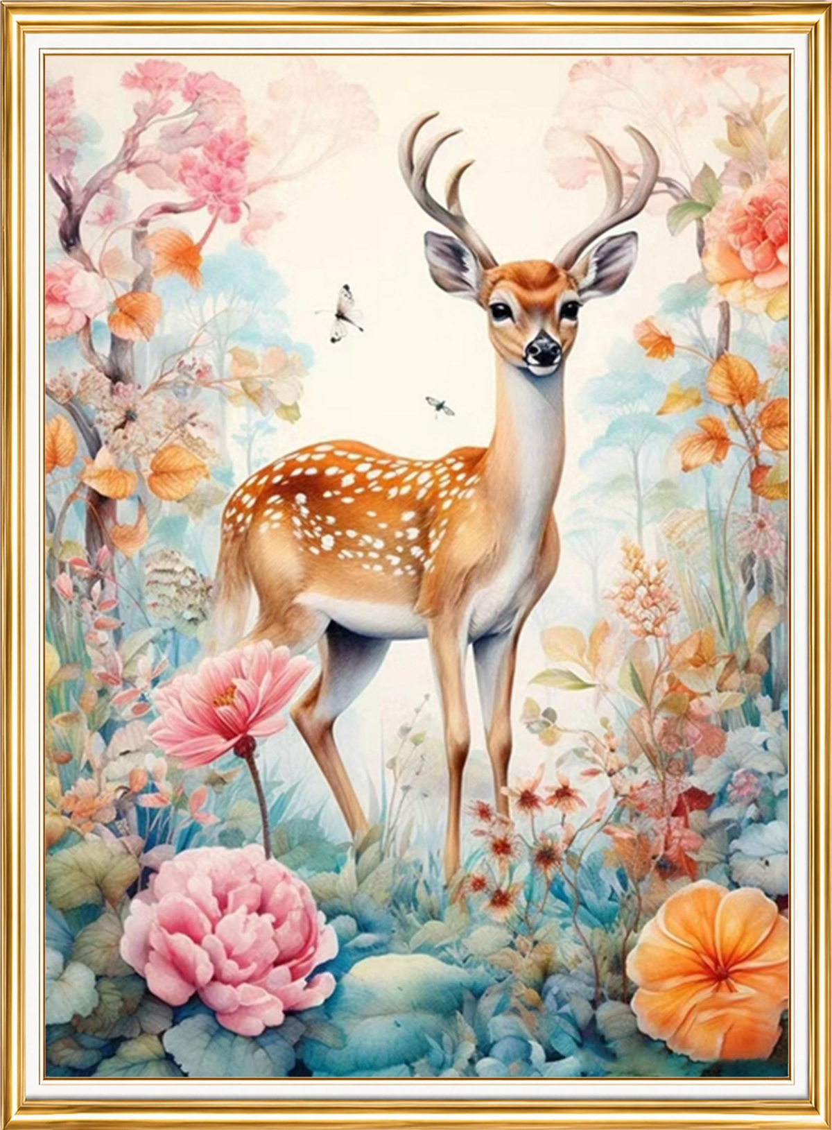 Çiçekli Ormanda Benekli Geyik Elmas Mozaik Puzzle Kit 30x40 cm
