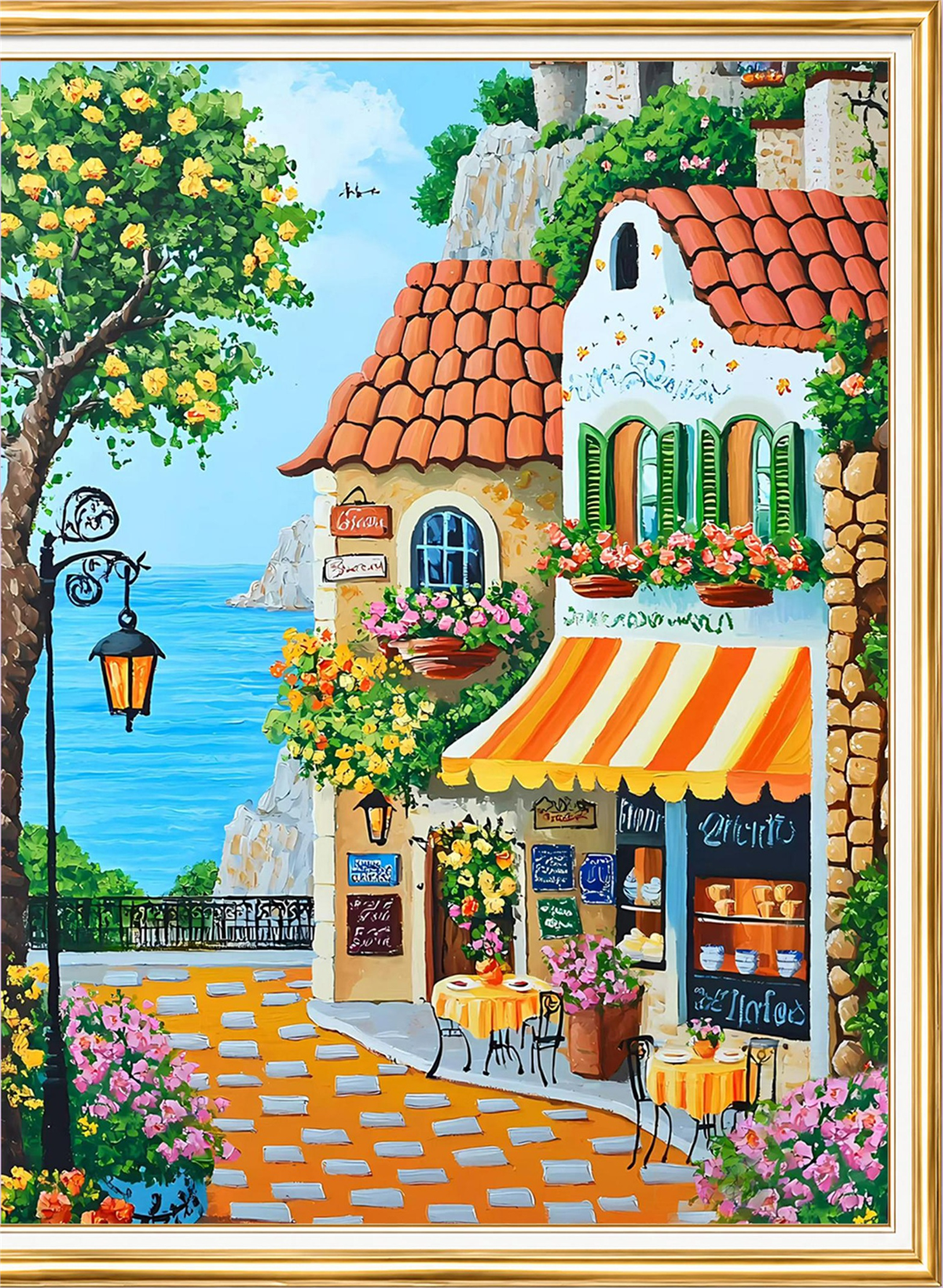 Deniz Kenarında Çiçekli Kafe Elmas Mozaik Puzzle Kit 40x50 cm