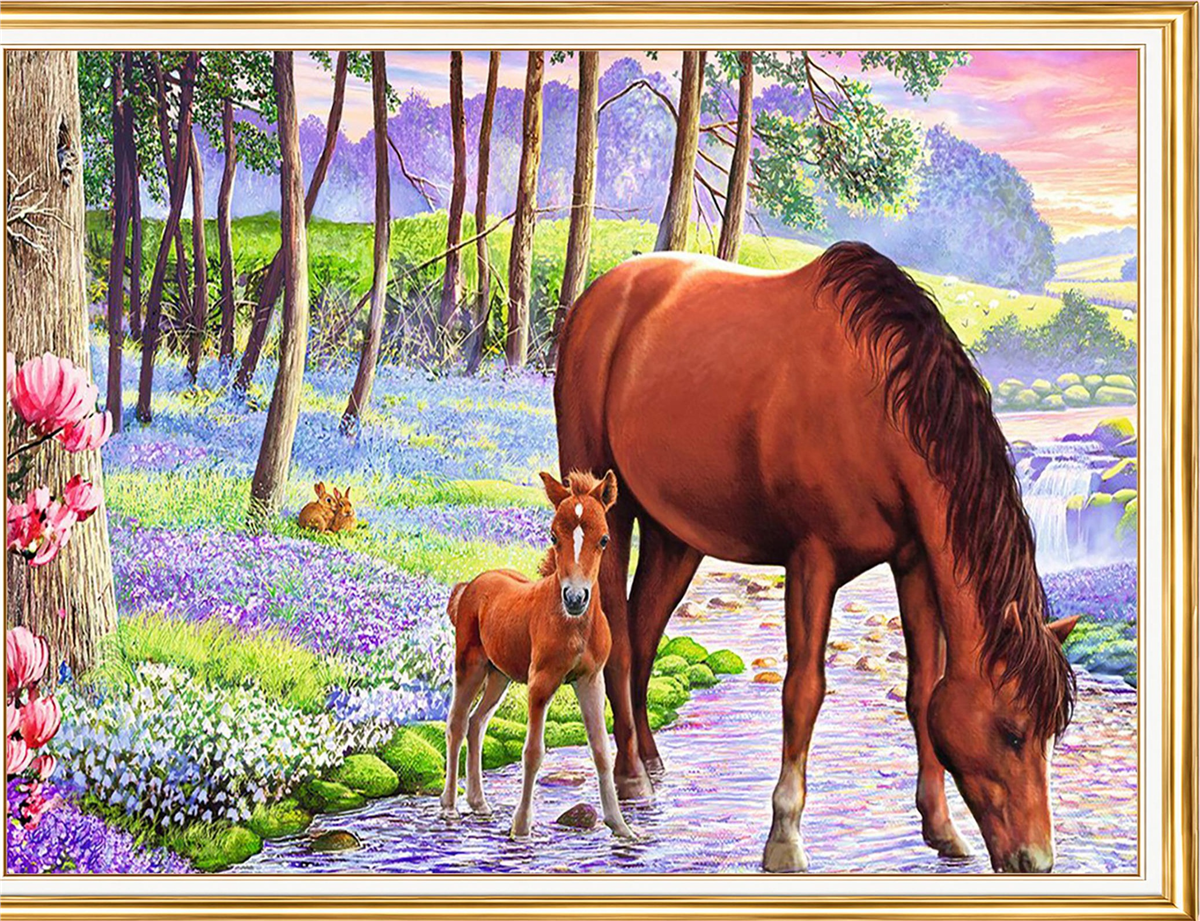Dere Kenarında At ve Tayı Elmas Mozaik Puzzle Kit 30x40 cm