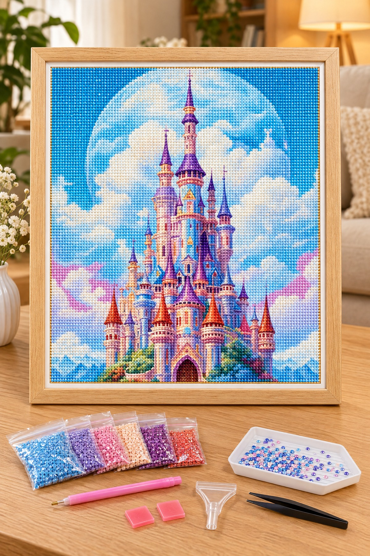 Elmas Boyama Puzzle Kit, Bulutlar Üzerinde Masal Şatosu 30x30 cm Mozaik
