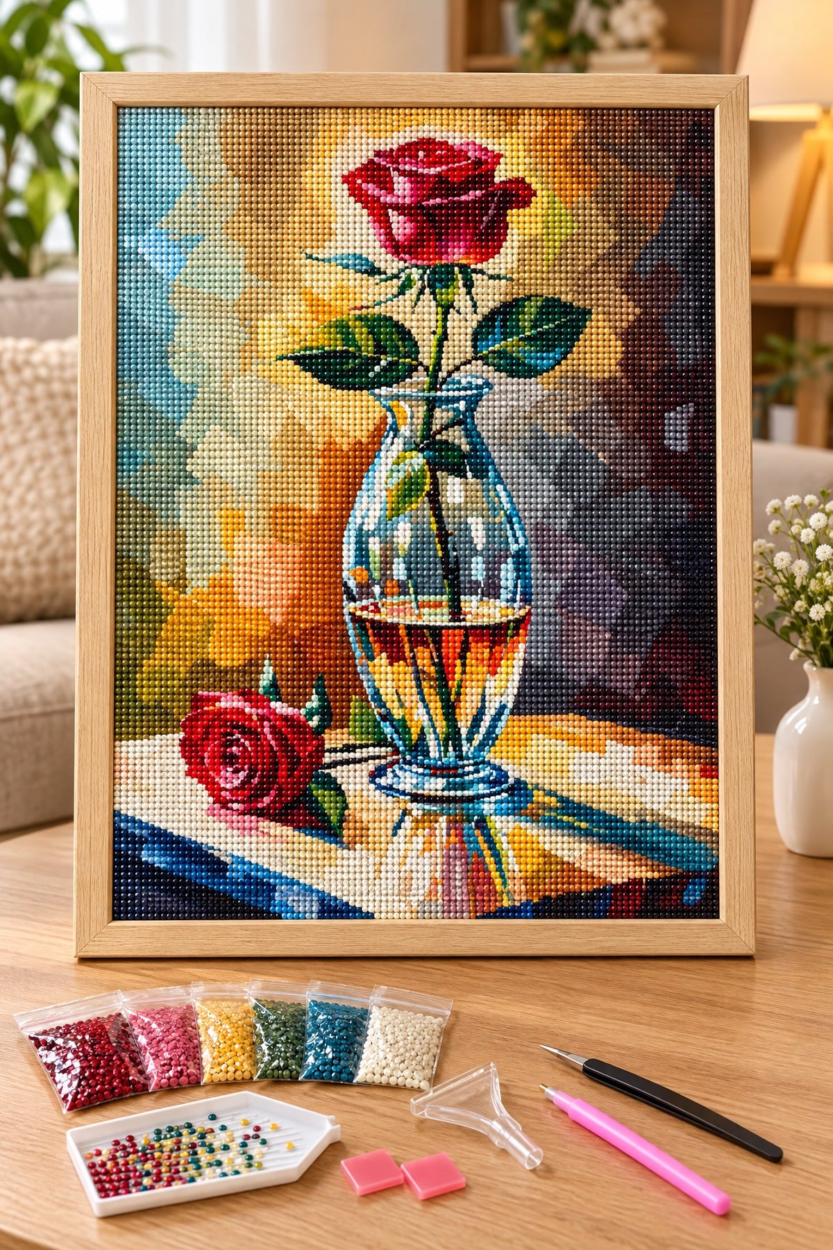 Elmas Boyama Puzzle Kit, Cam Vazoda Kırmızı Gül 40x50 cm Mozaik