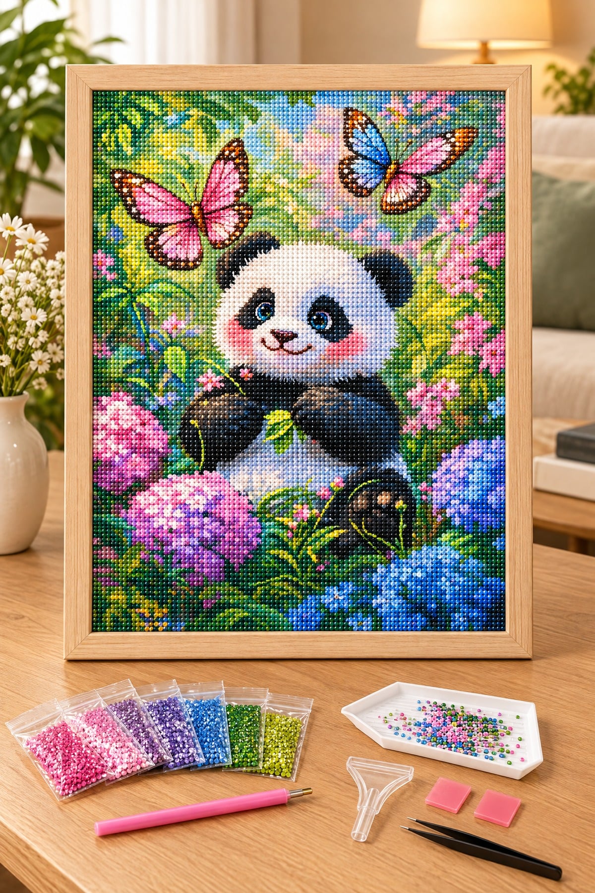 Elmas Boyama Puzzle Kit, Çiçek Bahçesinde Yavru Panda 21x25 cm Mozaik