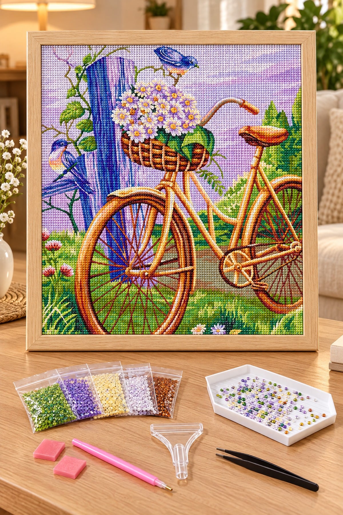 Elmas Boyama Puzzle Kit, Çiçek Sepetli Bisiklet 30x30 cm Mozaik