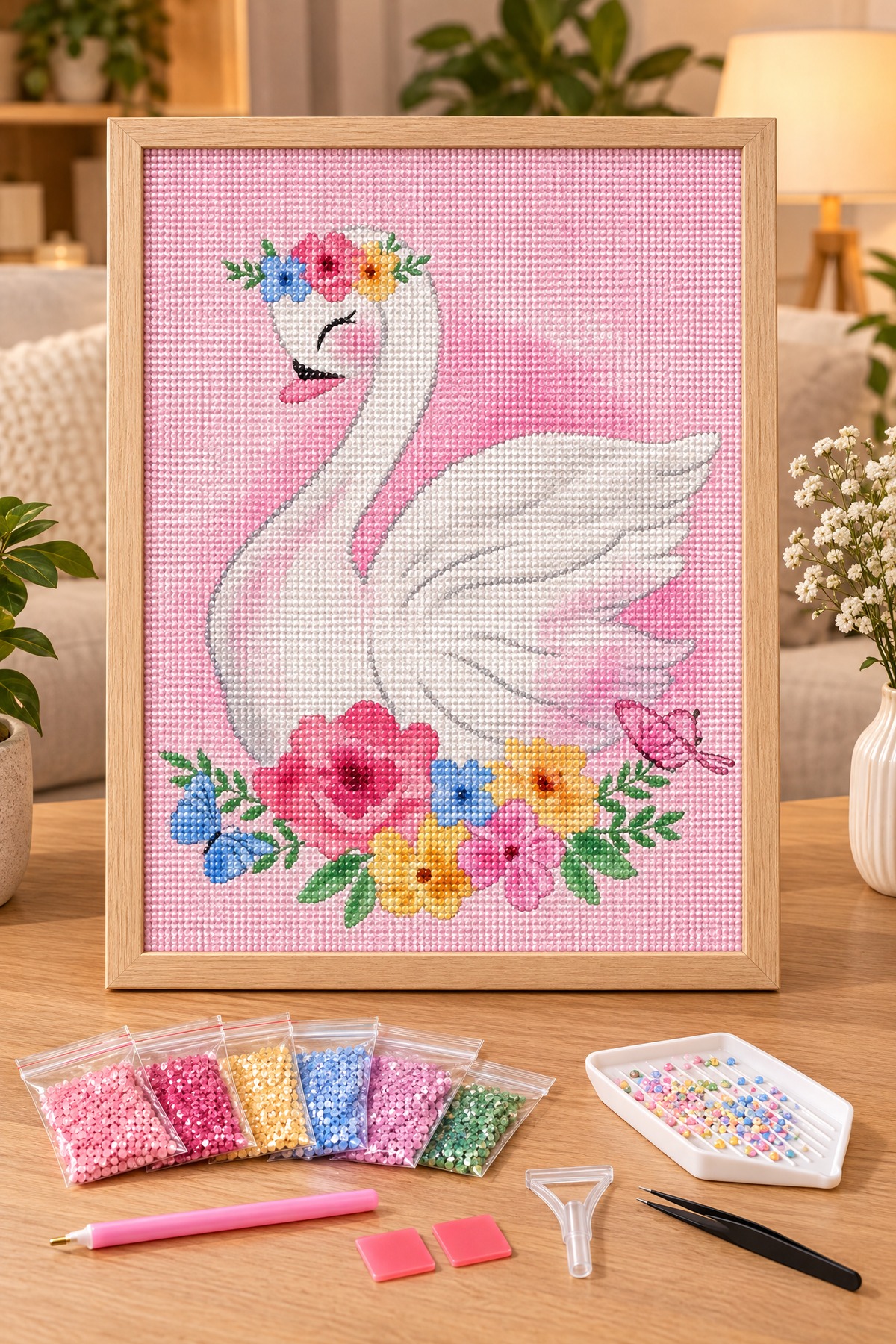 Elmas Boyama Puzzle Kit, Çiçek Taçlı Pembe Kuğu 21x25 cm Mozaik