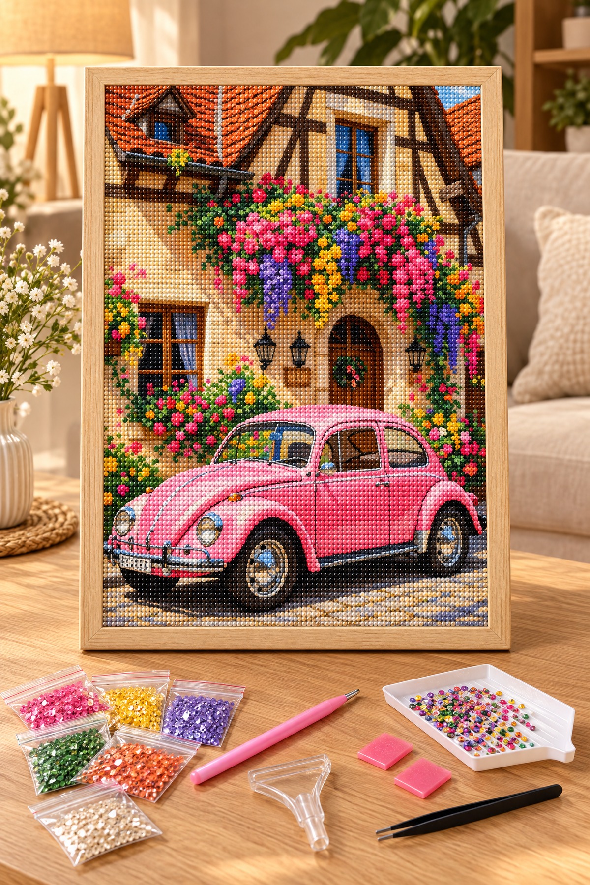 Elmas Boyama Puzzle Kit, Çiçekli Ev Önünde Pembe Vosvos 30x40 cm Mozaik