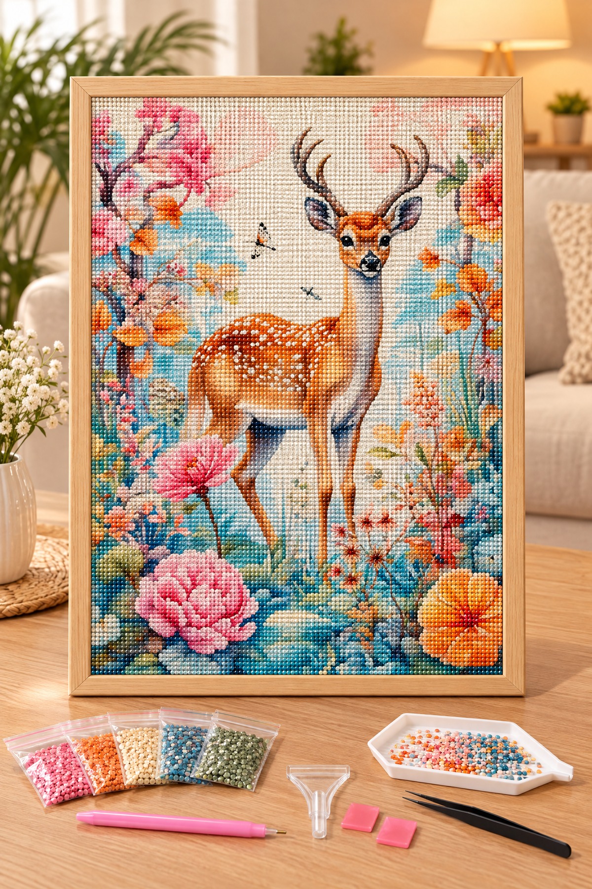 Elmas Boyama Puzzle Kit, Çiçekli Ormanda Benekli Geyik 30x40 cm Mozaik