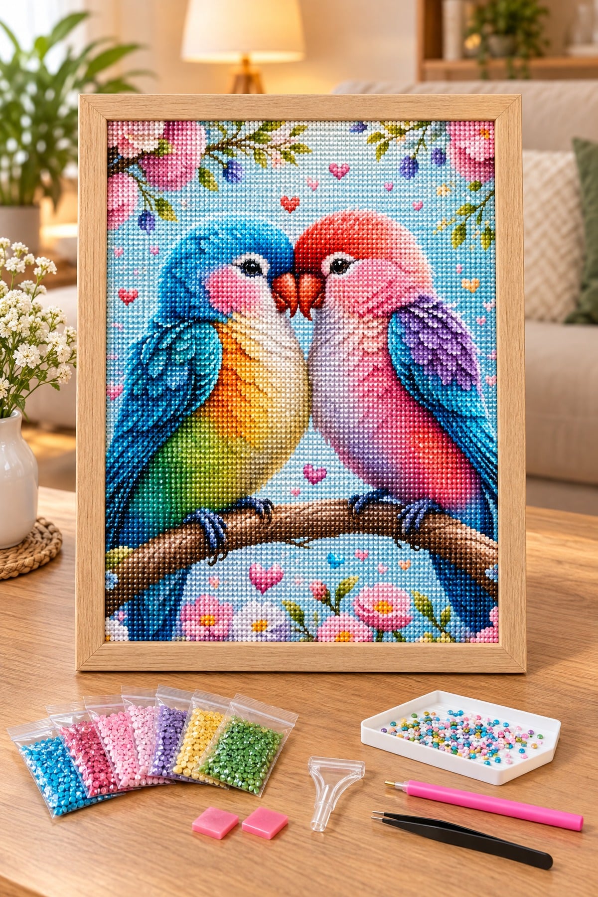Elmas Boyama Puzzle Kit, Dal Üzerinde Aşık Muhabbet Kuşları 21x25 cm Mozaik