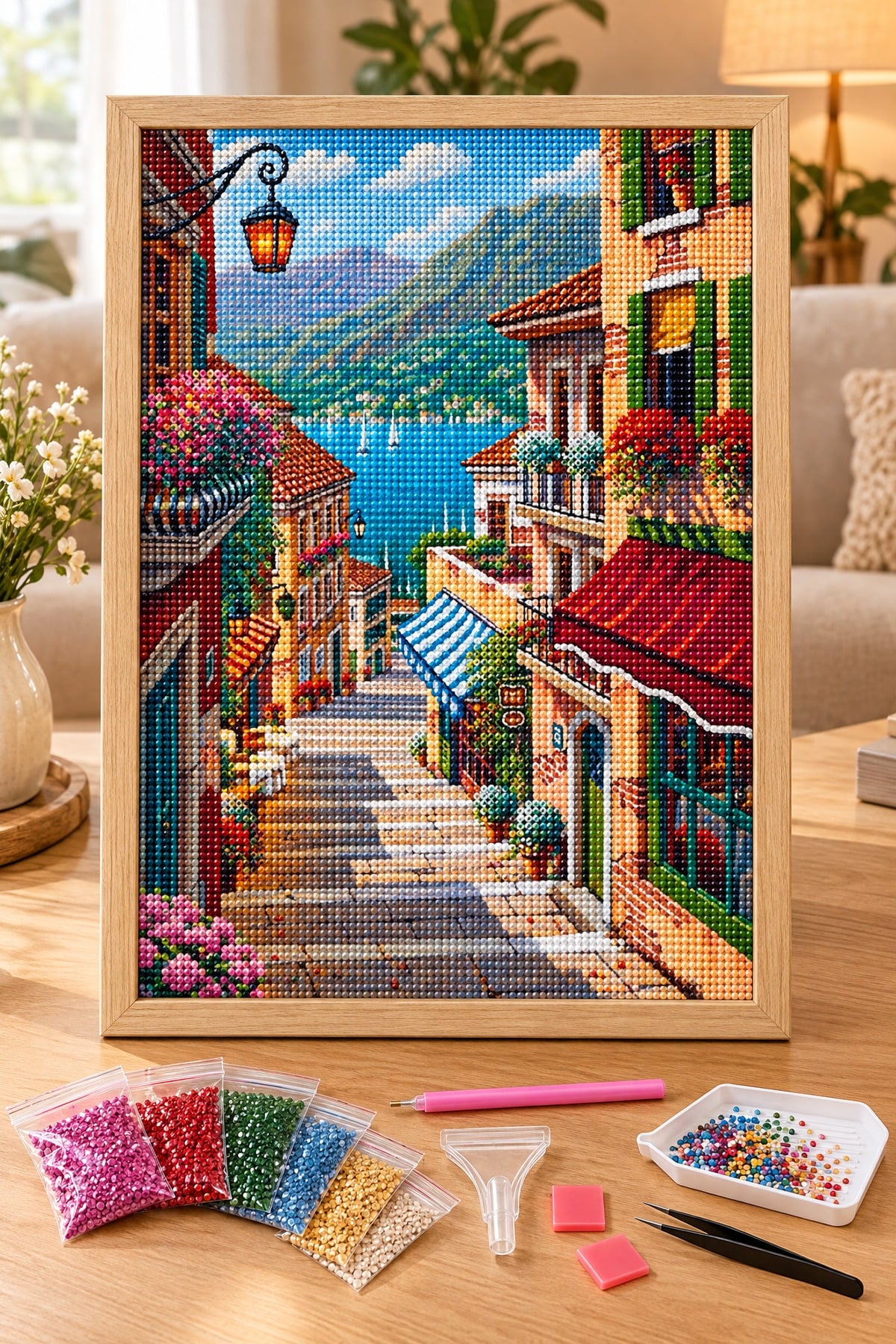 Elmas Boyama Puzzle Kit, Deniz Manzaralı Taş Merdivenli Sokak 50x65 cm Mozaik