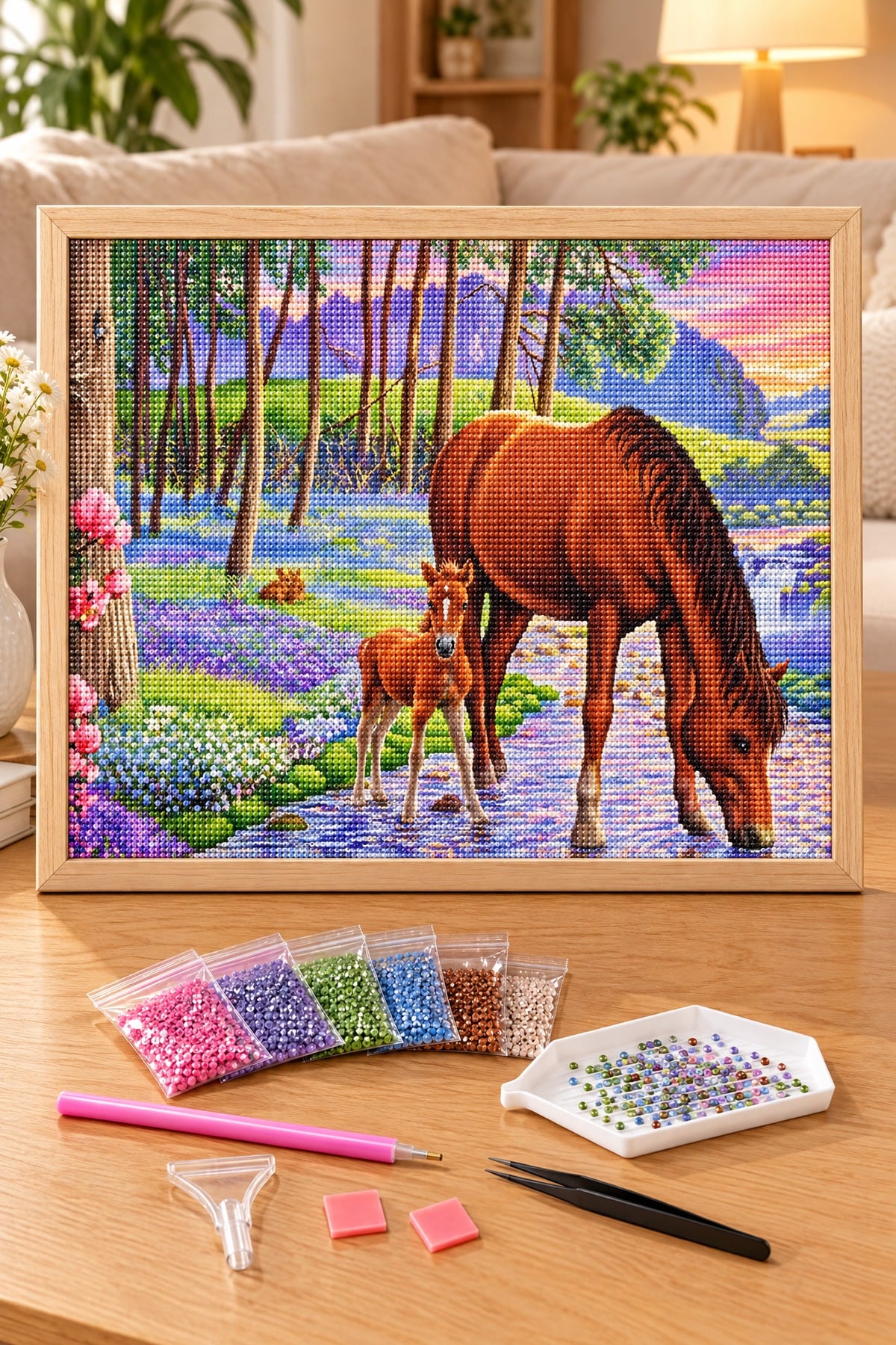 Elmas Boyama Puzzle Kit, Dere Kenarında At ve Tayı 30x40 cm Mozaik