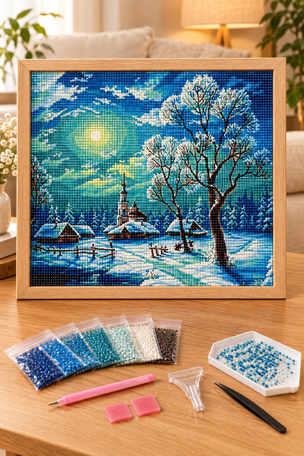 Elmas Boyama Puzzle Kit, Dolunayda Karlı Köy 50x65 cm Mozaik
