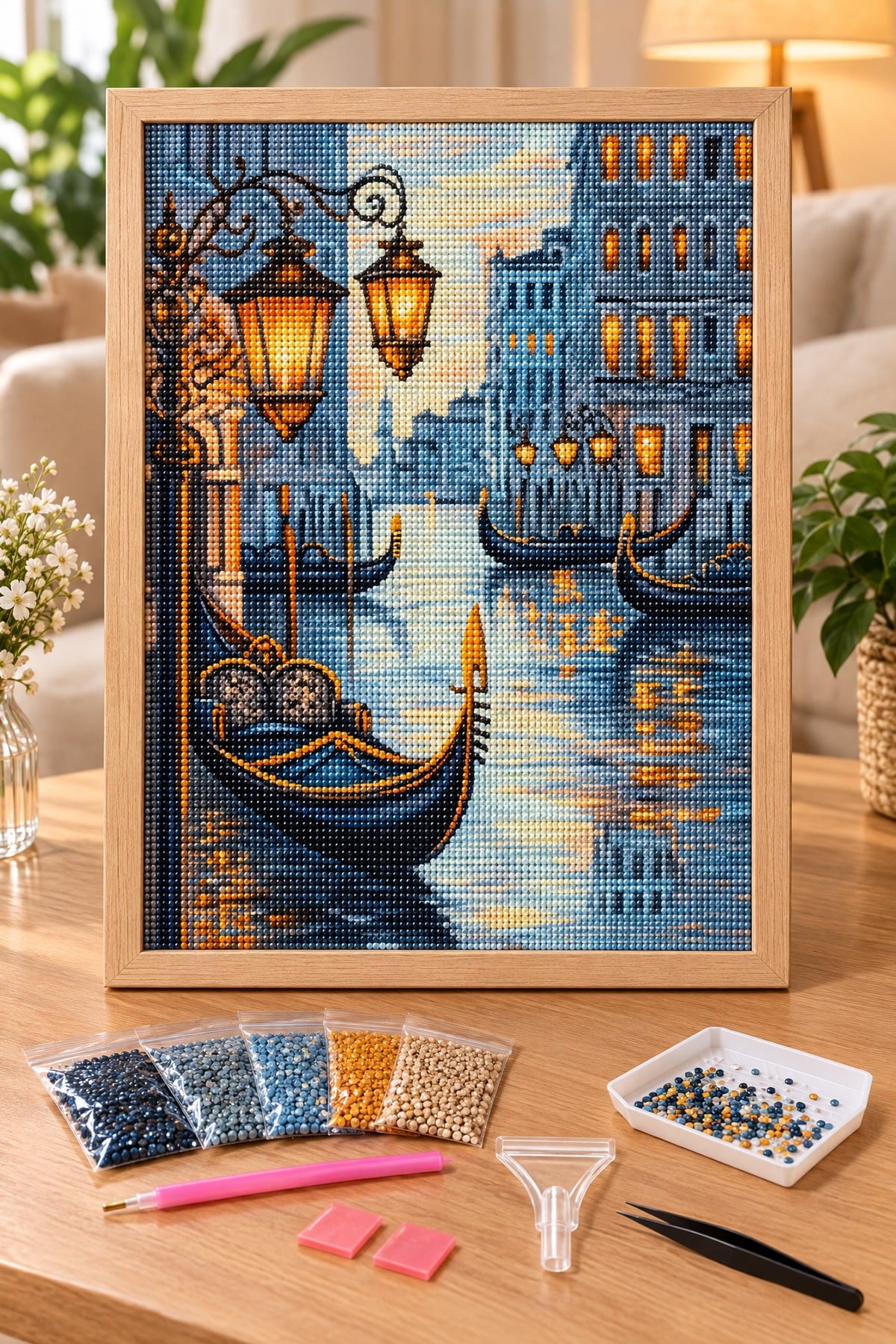 Elmas Boyama Puzzle Kit, Fenerler ve Venedik Gondolları 50x65 cm Mozaik