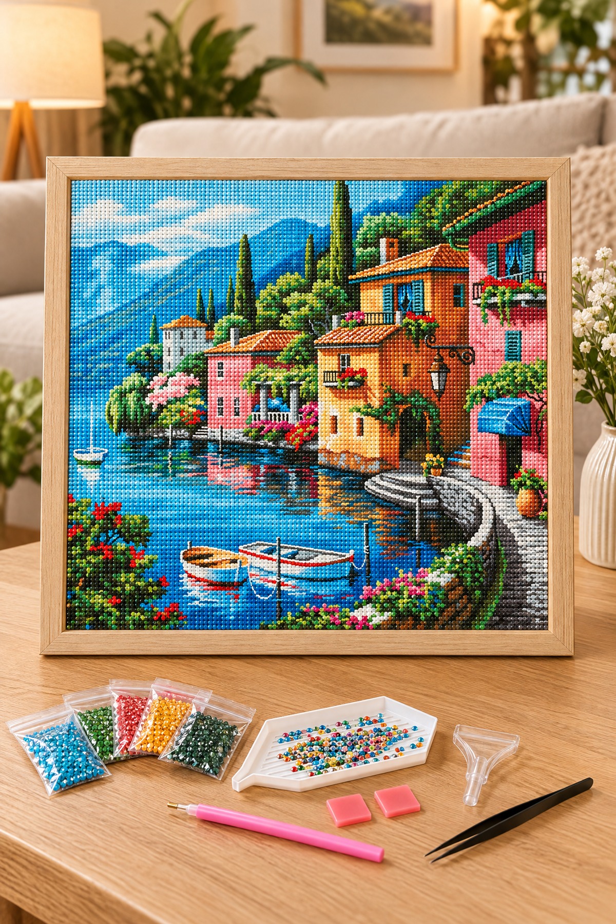 Elmas Boyama Puzzle Kit, Göl Kıyısında İtalyan Kasabası 50x65 cm Mozaik