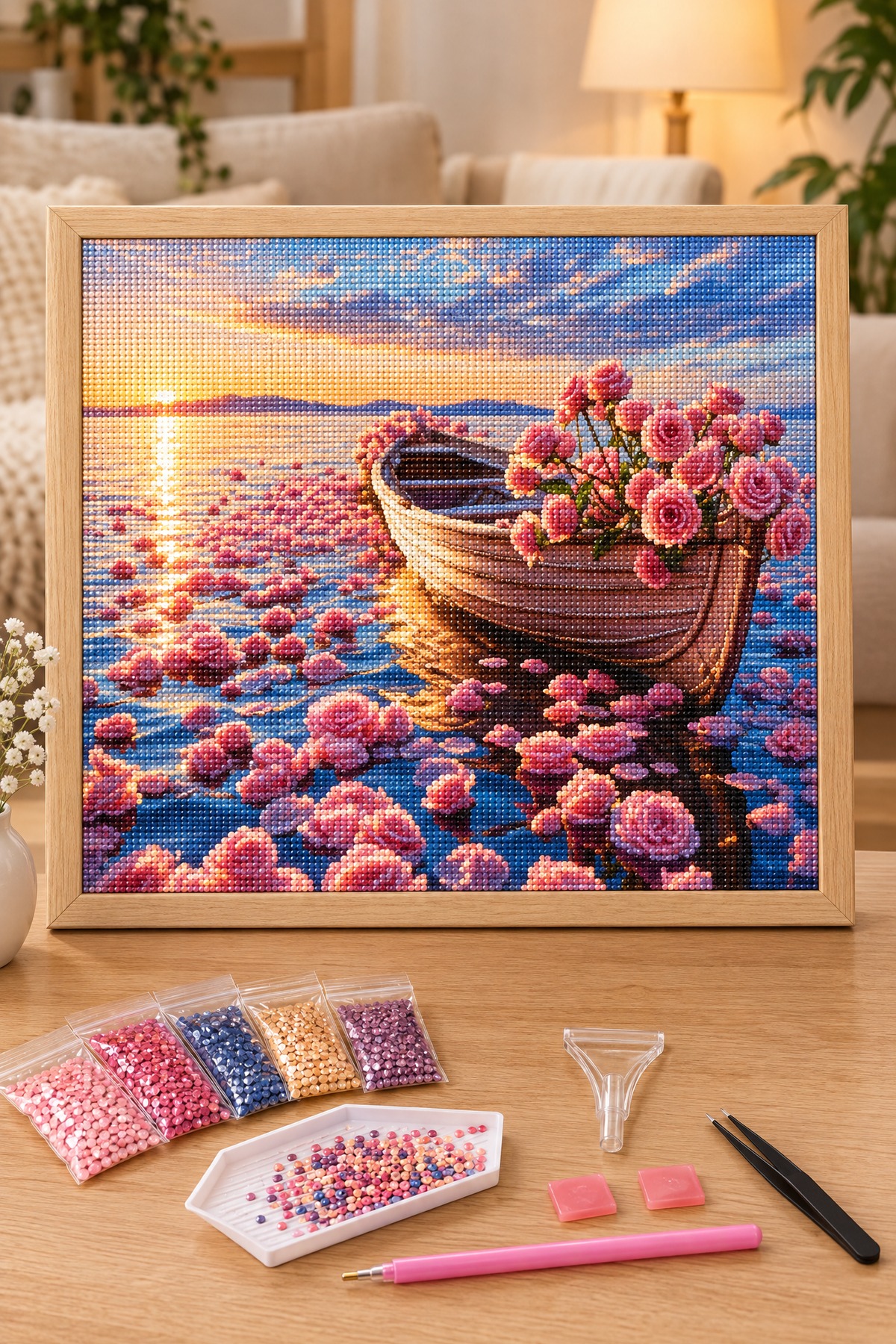 Elmas Boyama Puzzle Kit, Gül Yaprakları Arasında Sandal 30x40 cm Mozaik