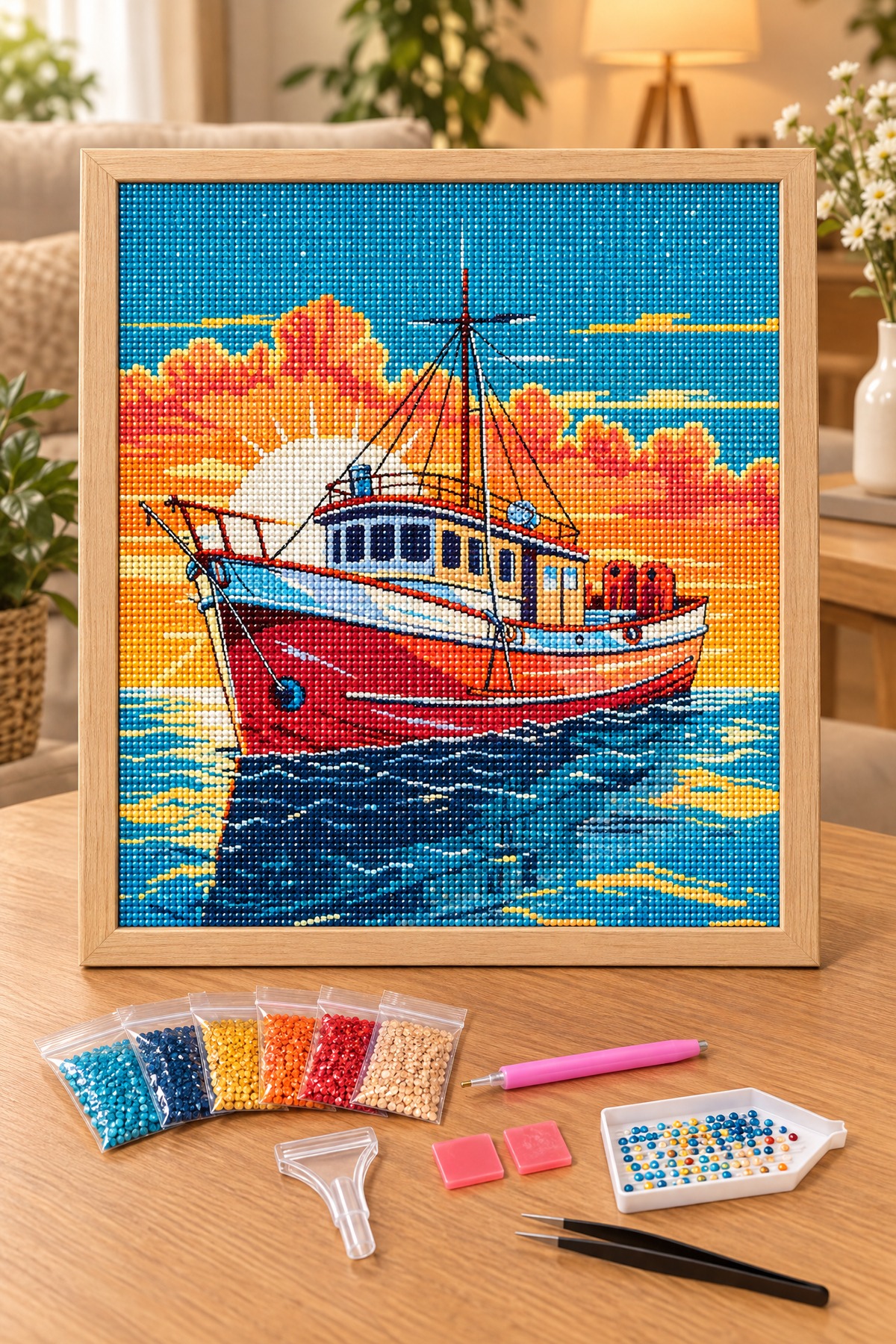 Elmas Boyama Puzzle Kit, Gün Batımında Kırmızı Balıkçı Teknesi 30x30 cm Mozaik