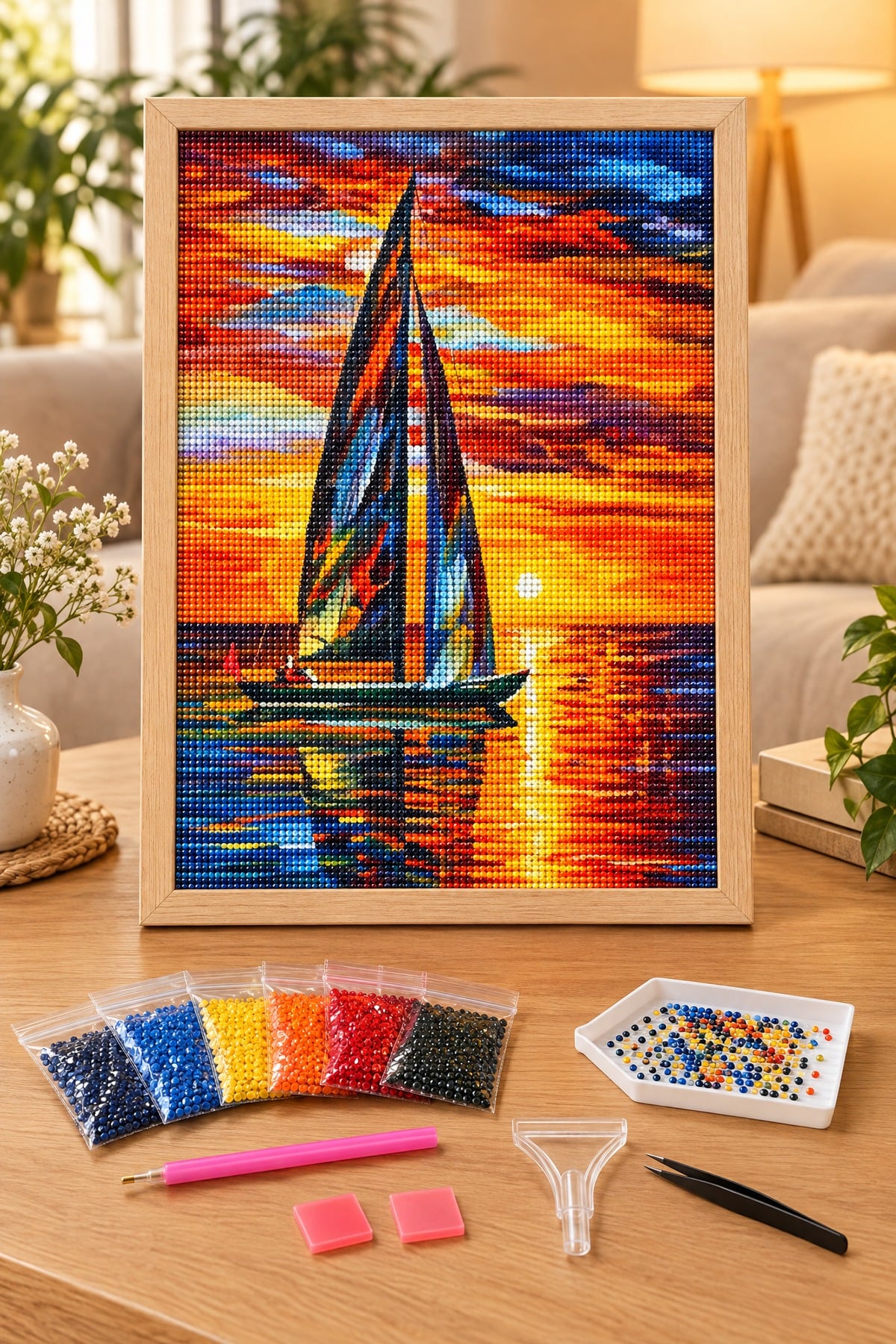 Elmas Boyama Puzzle Kit, Gün Batımında Yelkenli 21x25 cm Mozaik