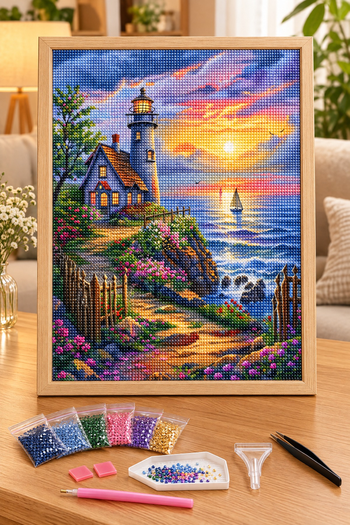 Elmas Boyama Puzzle Kit, Gün Batımında Deniz Feneri ve Kulübe 40x50 cm Mozaik