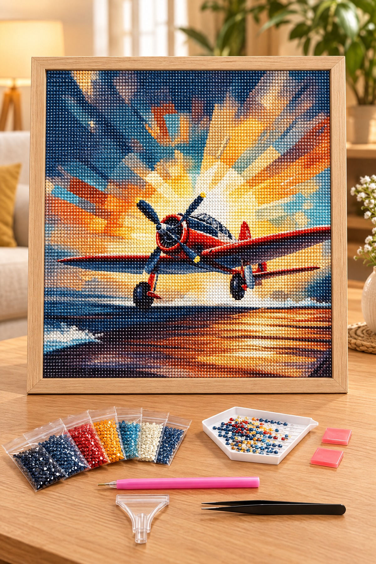 Elmas Boyama Puzzle Kit, Gün Batımında Kırmızı Uçak 30x30 cm Mozaik