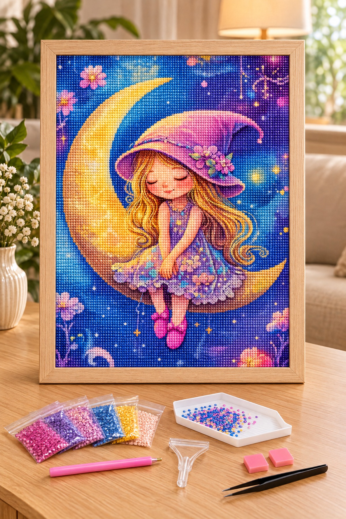 Elmas Boyama Puzzle Kit, Hilal Ay Üzerinde Şapkalı Kız 21x25 cm Mozaik