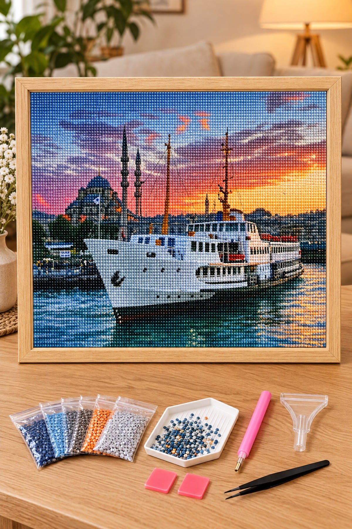 Elmas Boyama Puzzle Kit, İstanbul Vapuru ve Yeni Camii 50x65 cm Mozaik