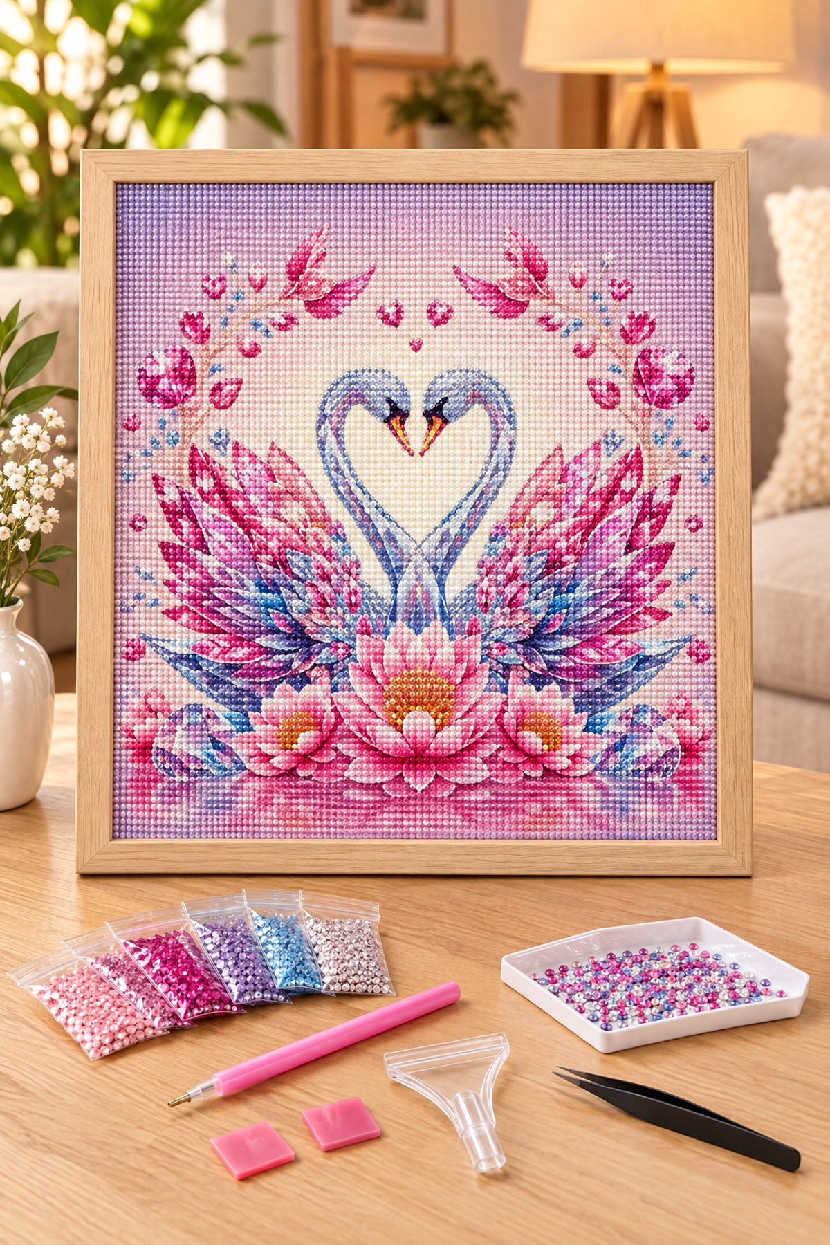 Elmas Boyama Puzzle Kit, Kalp Şeklinde Kristal Kuğular 30x30 cm Mozaik