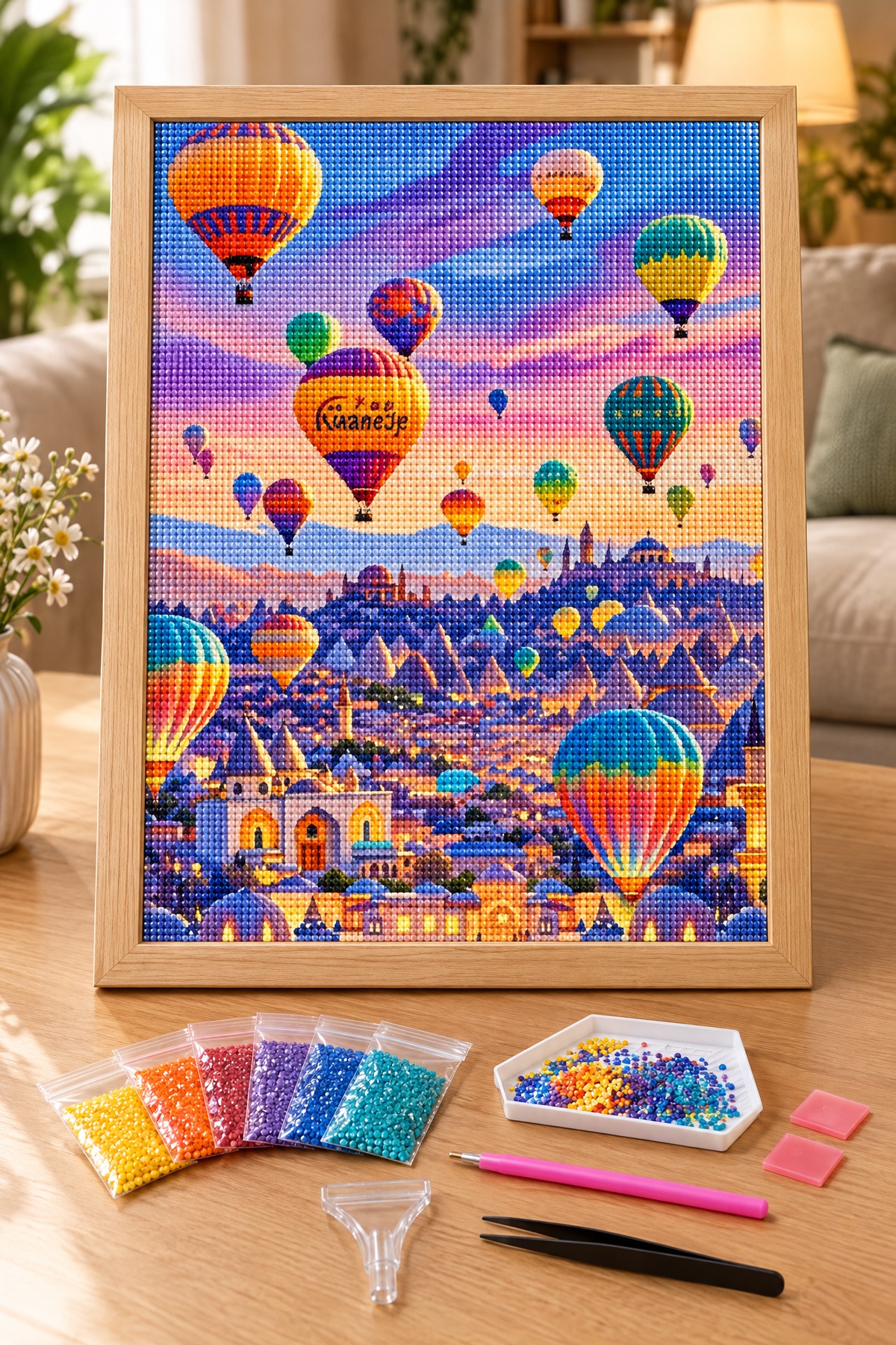 Elmas Boyama Puzzle Kit, Kapadokya Üzerinde Balonlar 40x50 cm Mozaik