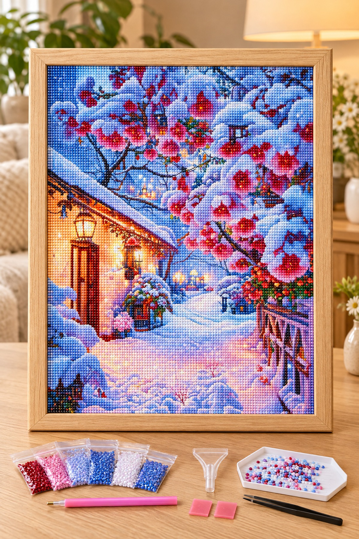 Elmas Boyama Puzzle Kit, Karlı Kiraz Çiçekli Sokak 40x50 cm Mozaik