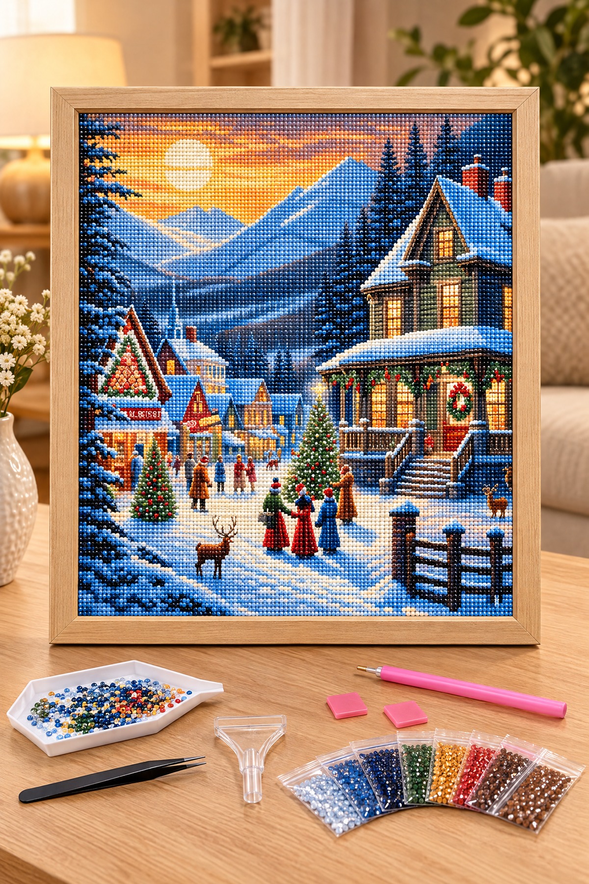 Elmas Boyama Puzzle Kit, Karlı Köyde Yılbaşı 30x30 cm Mozaik