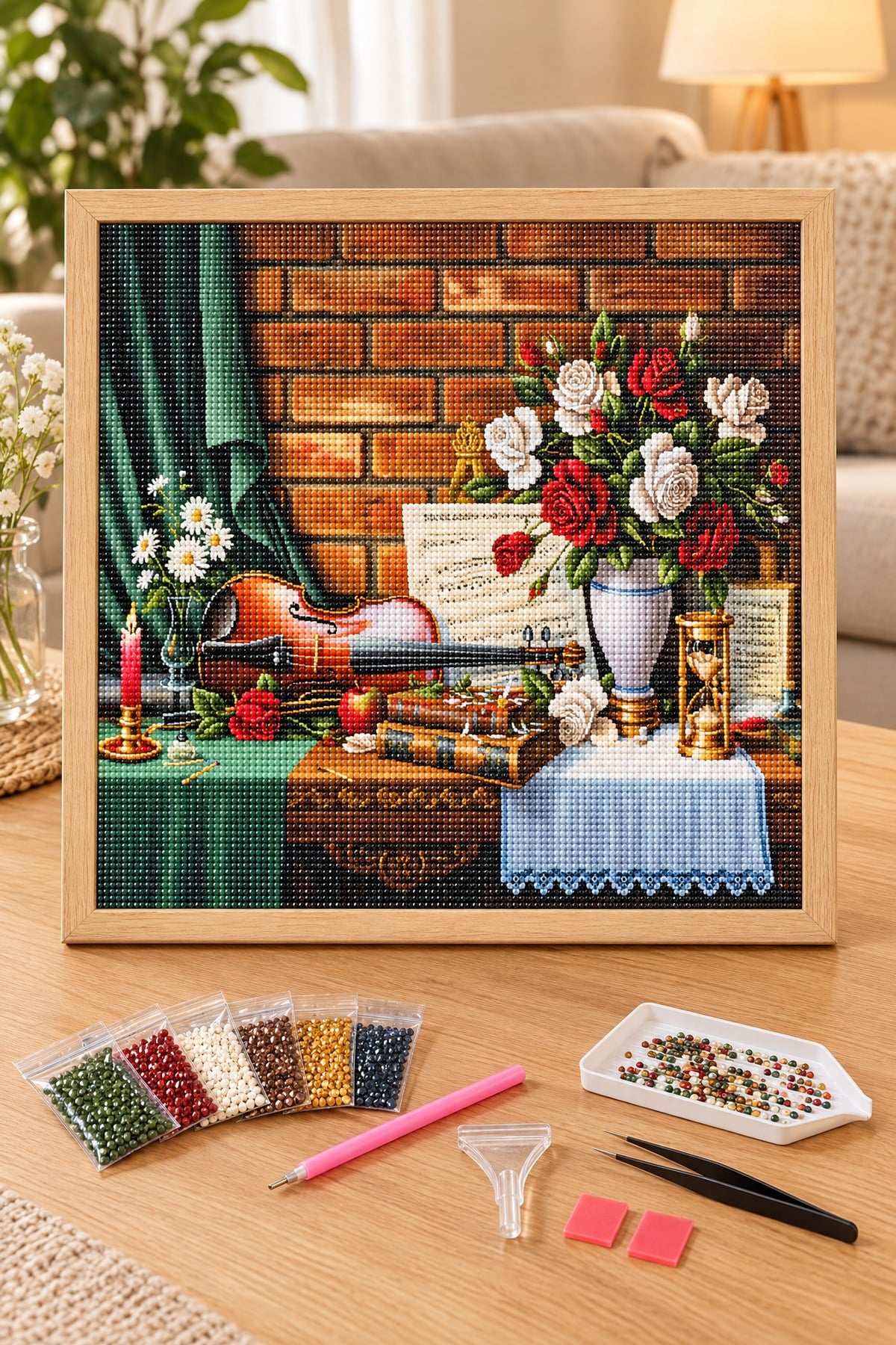 Elmas Boyama Puzzle Kit, Keman ve Güllerle Klasik Natürmort 30x40 cm Mozaik