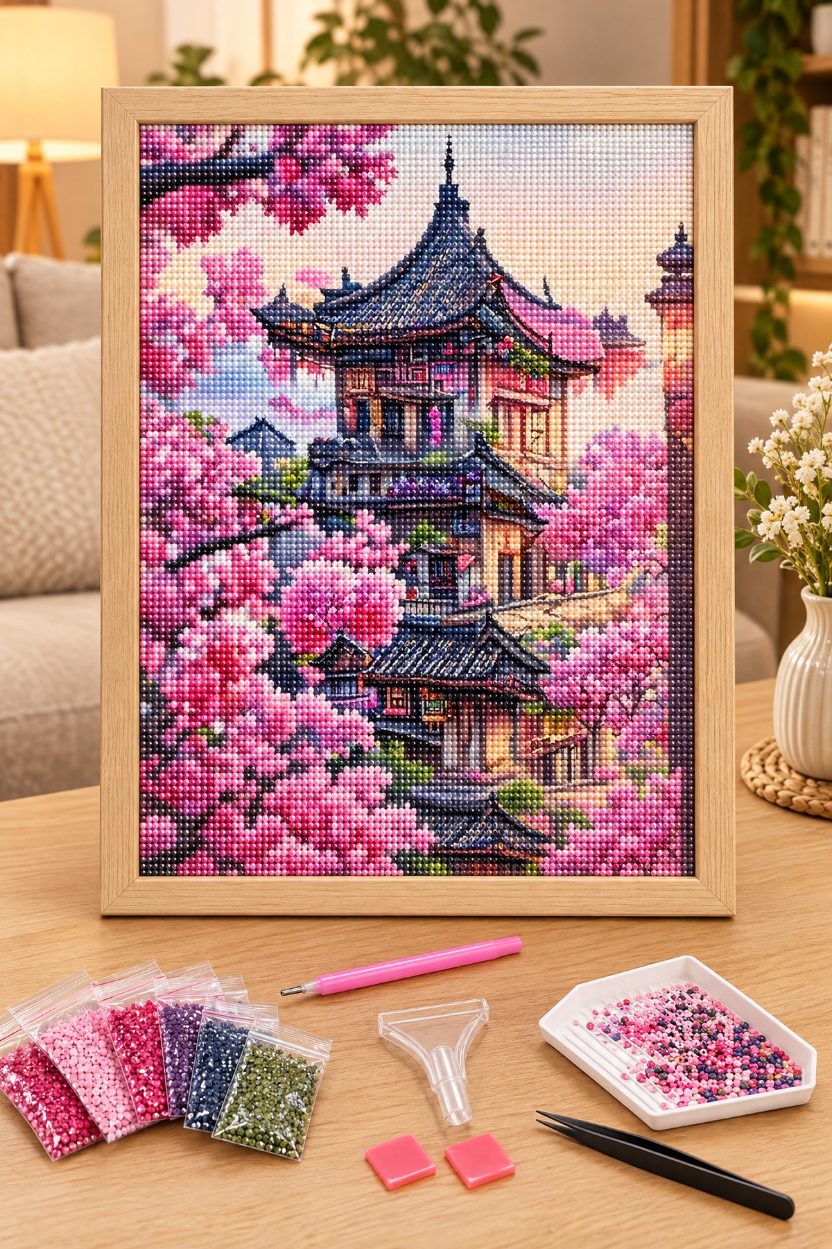 Elmas Boyama Puzzle Kit, Kiraz Çiçekleri Arasında Kadim Mimari 30x30 cm Mozaik