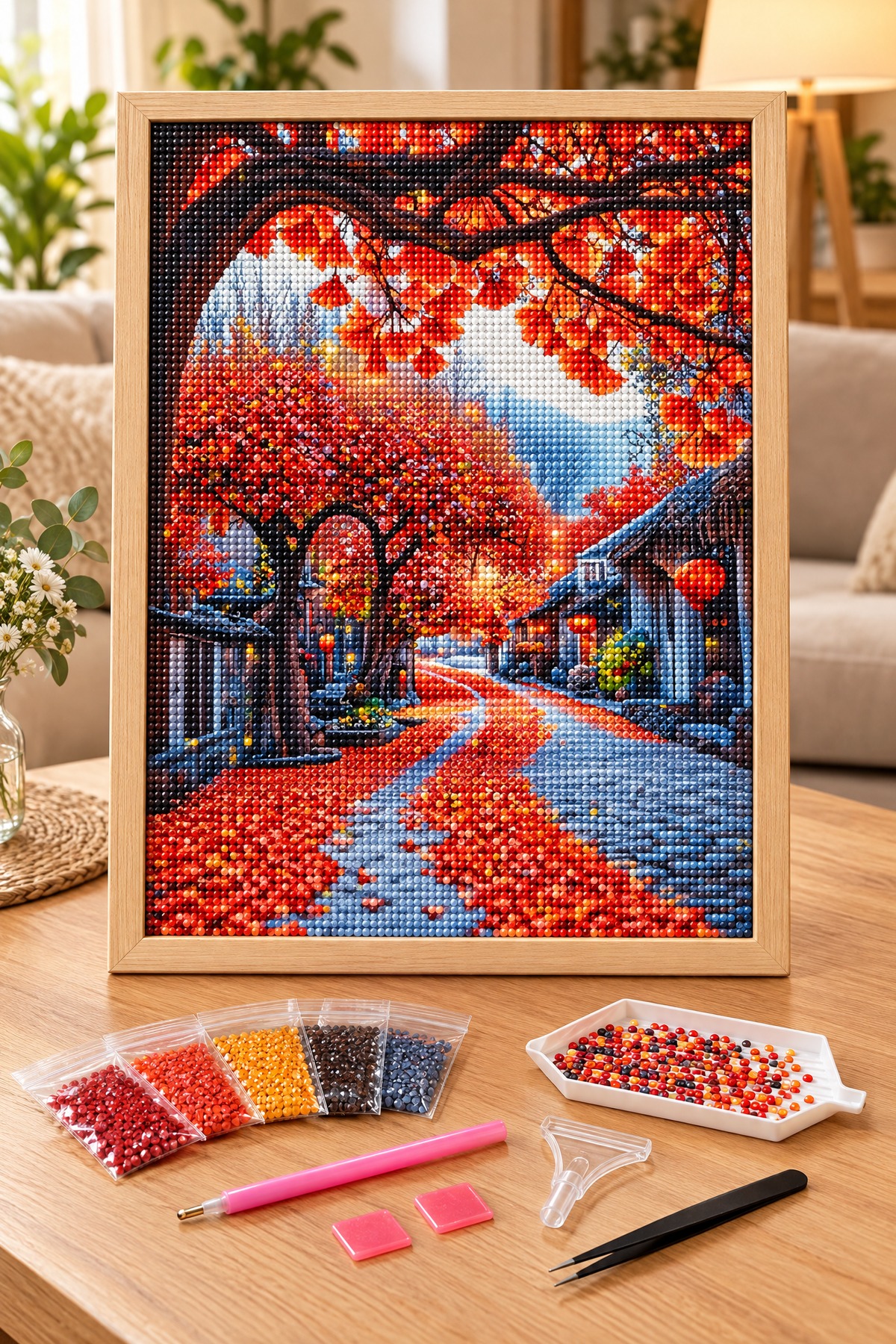 Elmas Boyama Puzzle Kit, Kırmızı Yapraklı Sonbahar Sokağı 40x50 cm Mozaik