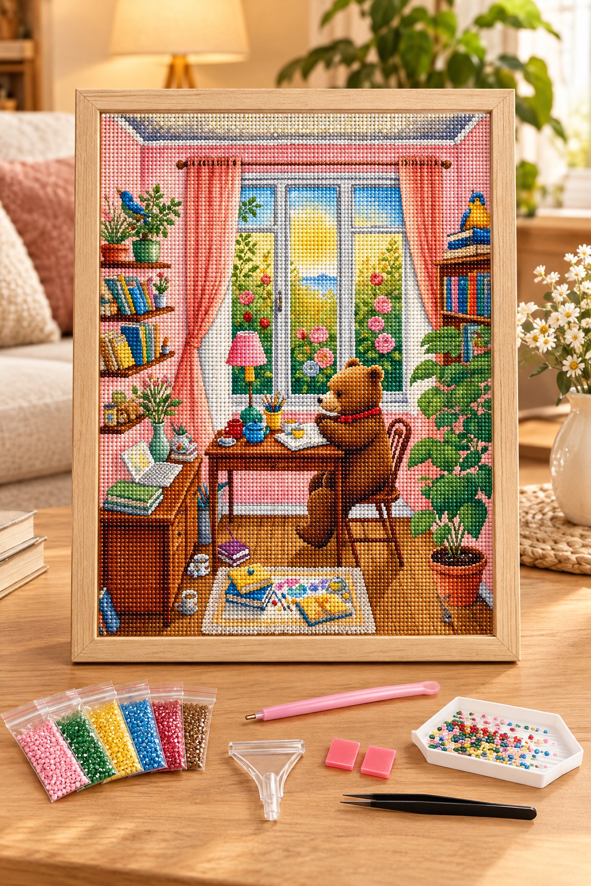 Elmas Boyama Puzzle Kit, Kitap Okuyan Ayıcık Çalışma Odası 30x40 cm Mozaik