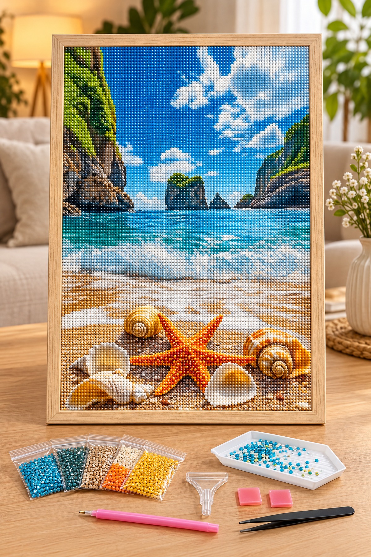 Elmas Boyama Puzzle Kit, Kumsalda Deniz Yıldızı ve Deniz Kabukları 30x40 cm Mozaik