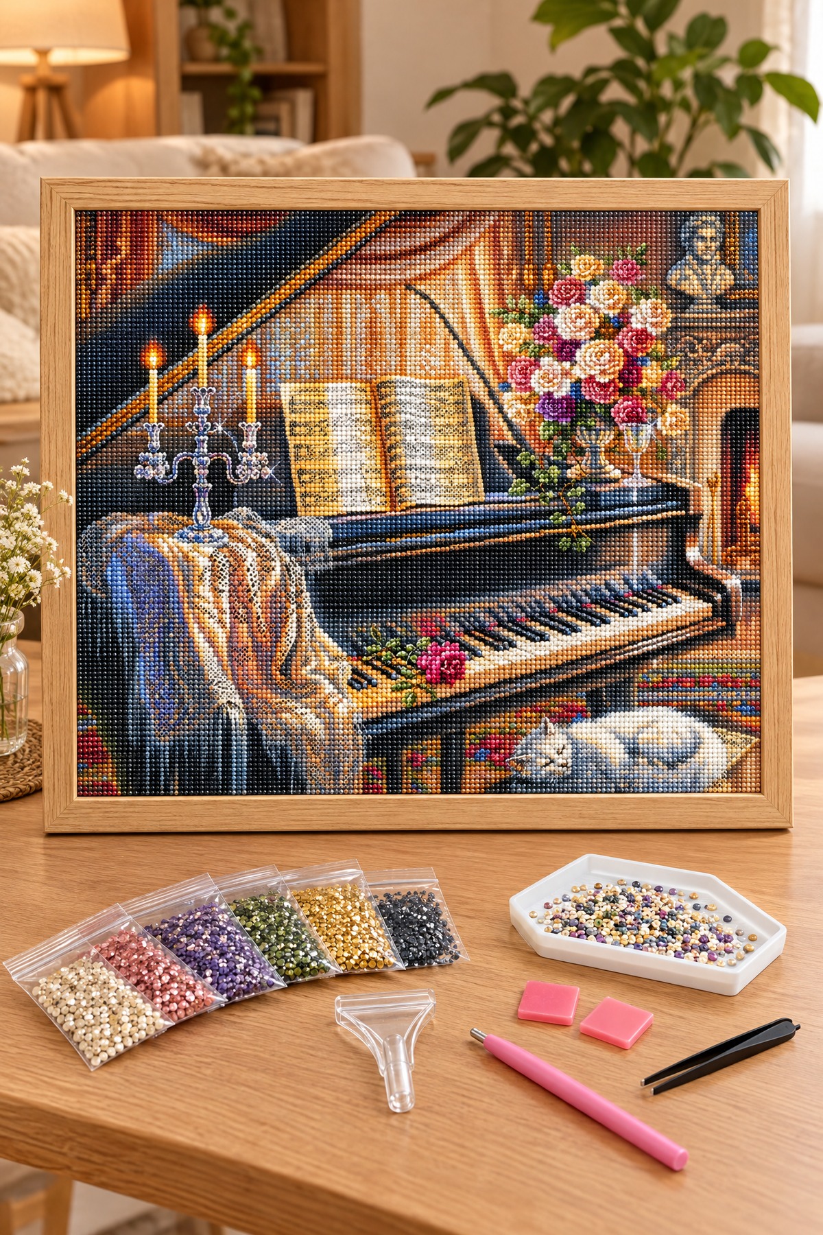 Elmas Boyama Puzzle Kit, Kuyruklu Piyano ve Uyuyan Beyaz Kedi 50x65 cm Mozaik