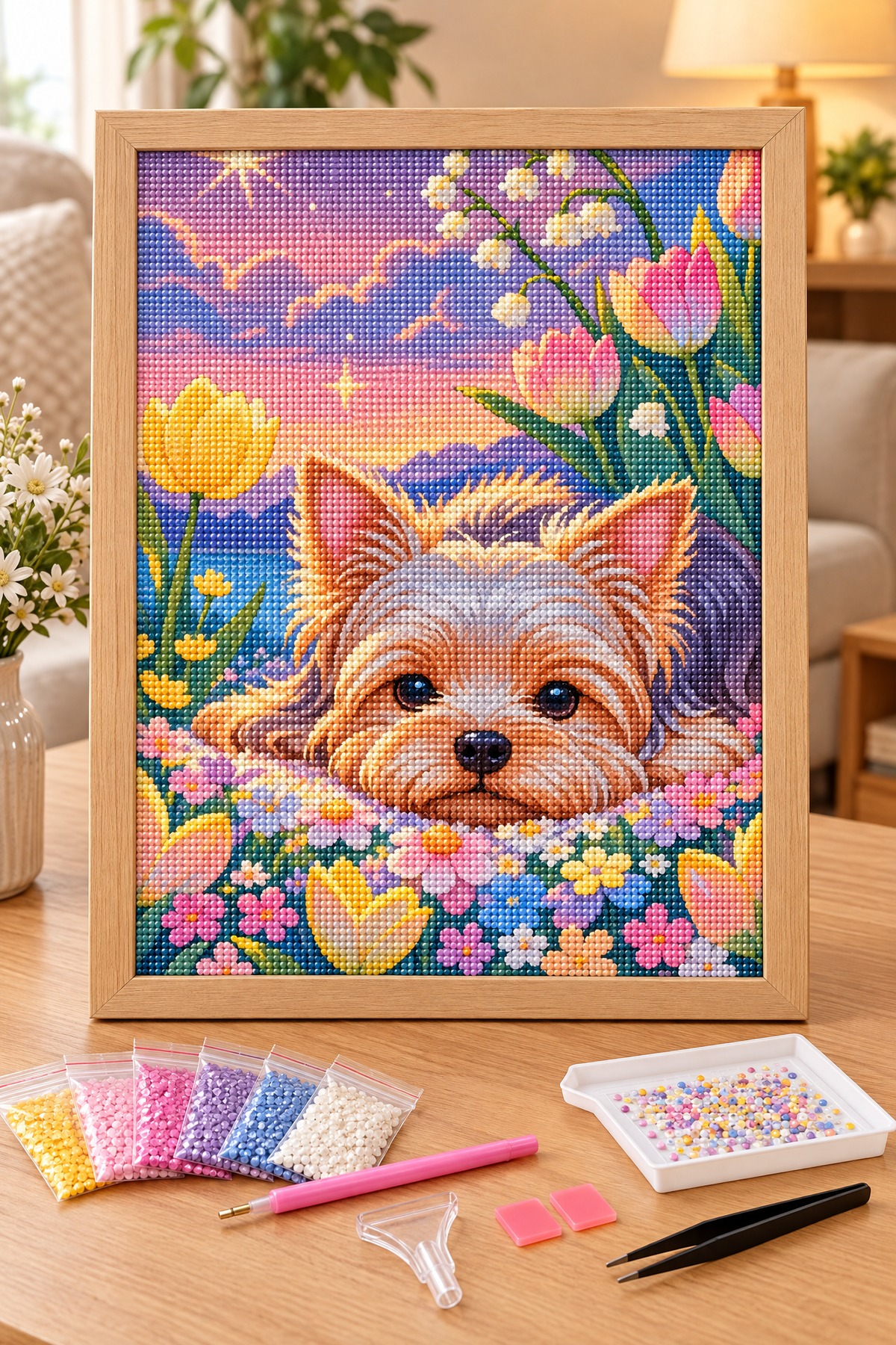 Elmas Boyama Puzzle Kit, Lale Bahçesinde Yorkie Köpek 21x25 cm Mozaik