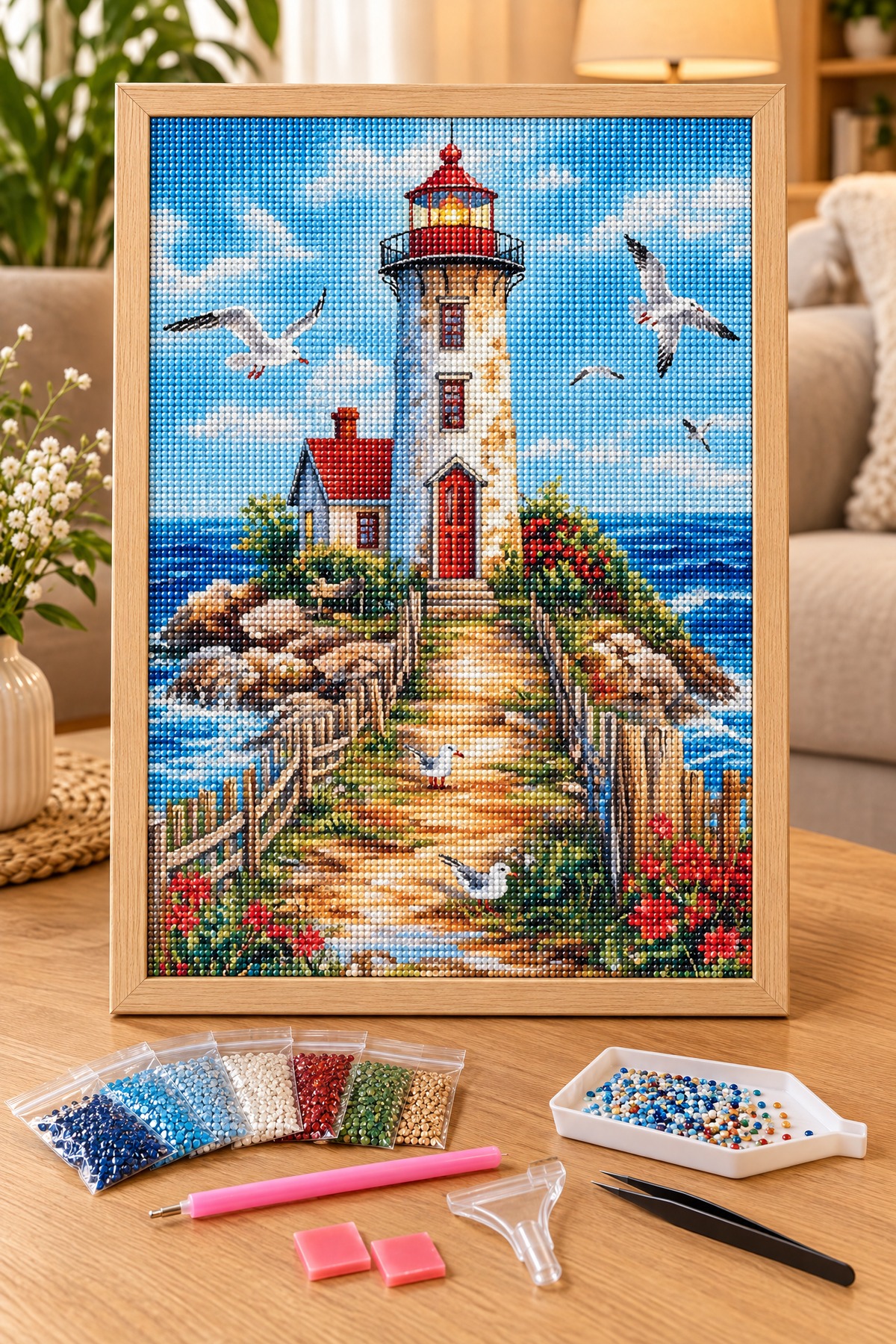 Elmas Boyama Puzzle Kit, Martılar ve Beyaz Deniz Feneri 40x50 cm Mozaik