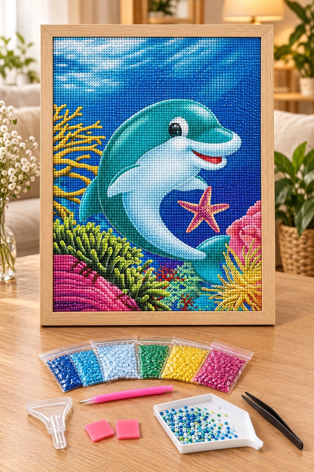 Elmas Boyama Puzzle Kit, Mercanlar Arasında Yunus Balığı 21x25 cm Mozaik