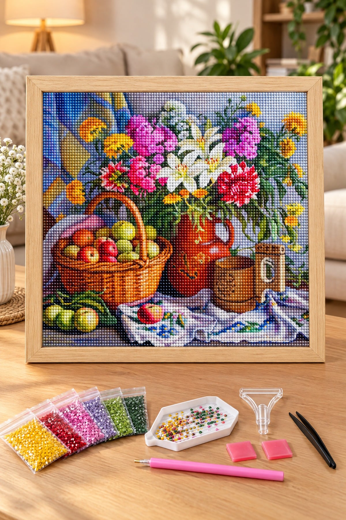 Elmas Boyama Puzzle Kit, Meyve Sepeti ve Çiçekler Natürmort 30x30 cm Mozaik